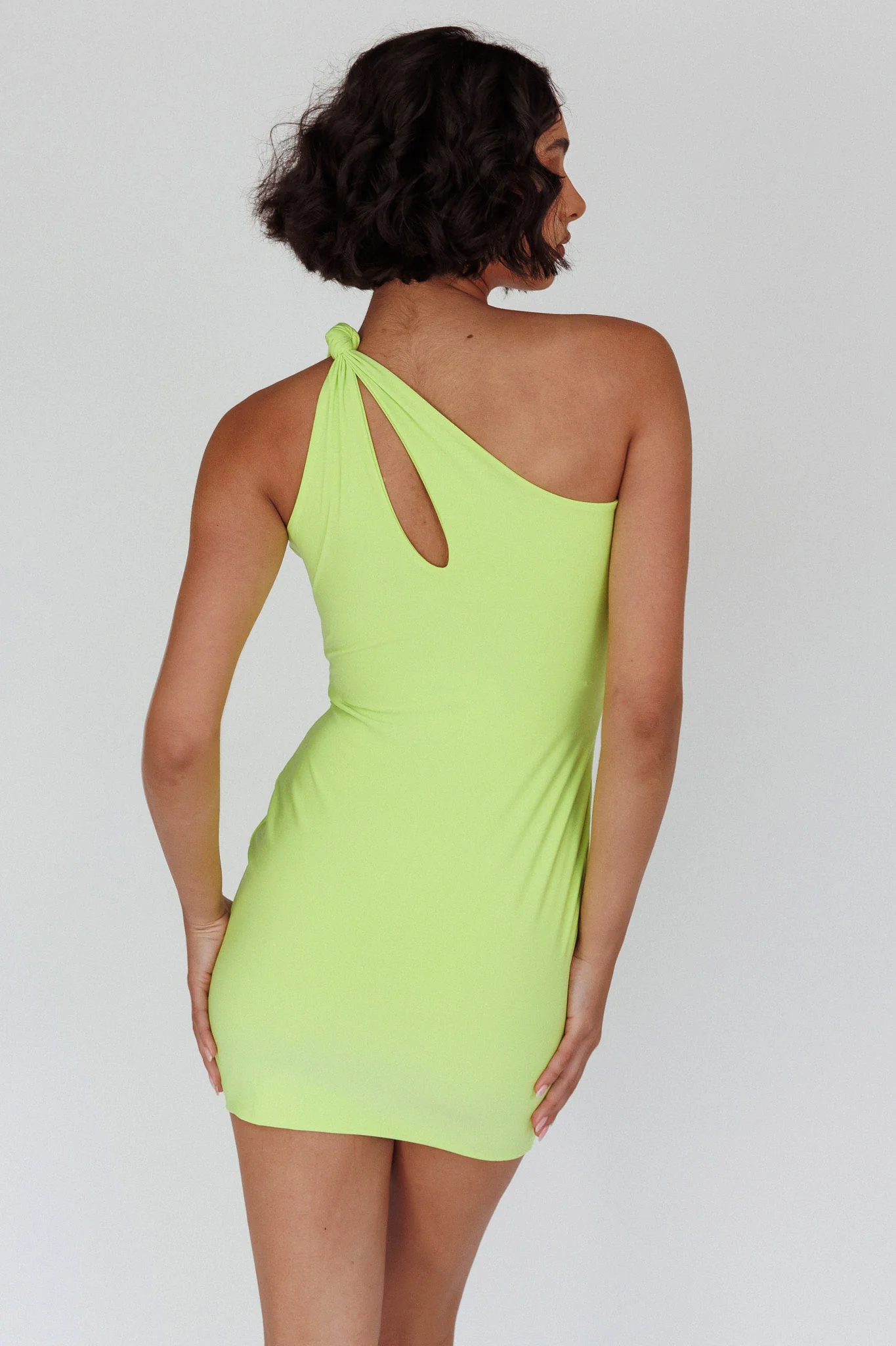 Malaga One-Shoulder Keyhole Mini Dress Lime