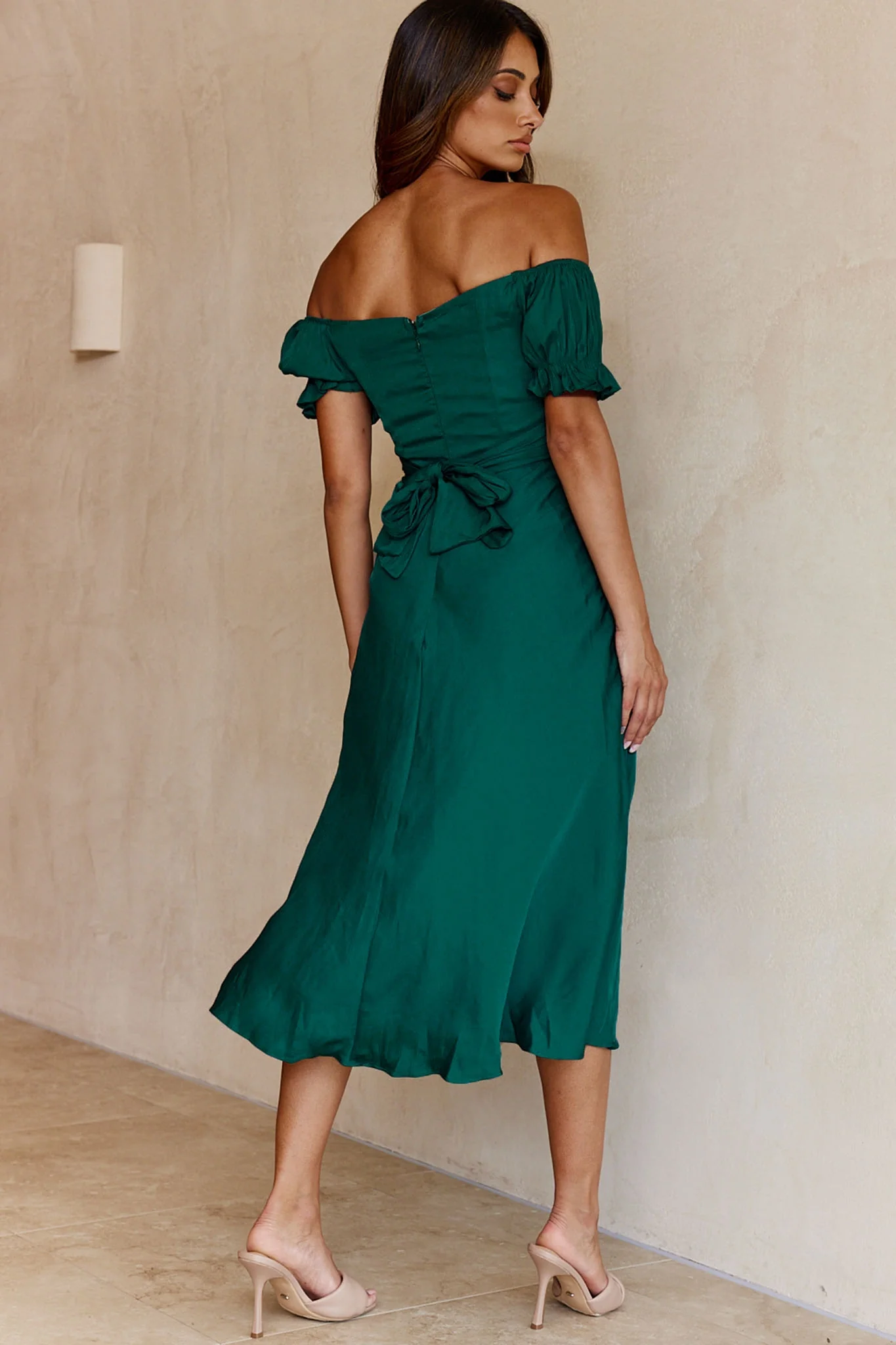 Linka Off-Shoulder Tie Back Midi Dress Forest Green