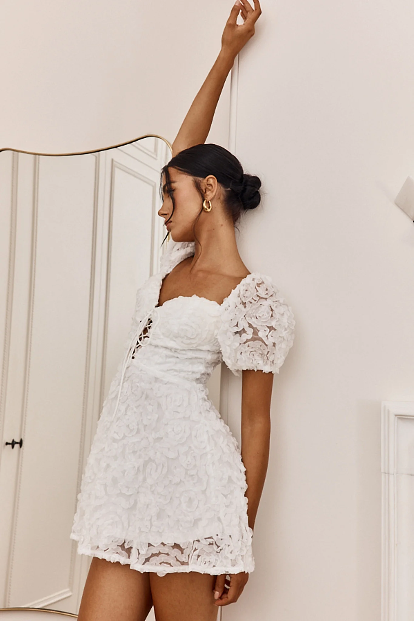 Imogen Laced Bodice Embellished Mini Dress Off White