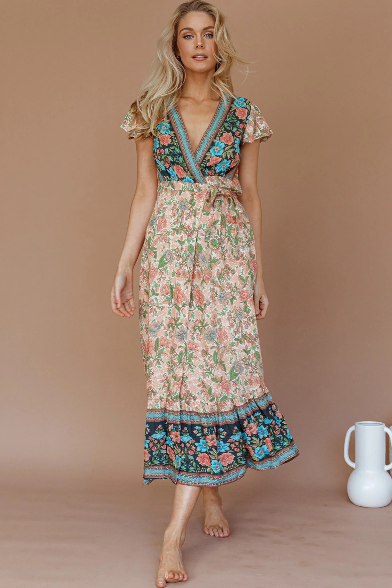 Mayan Angel Sleeve Wrap Midi Dress Floral Nude