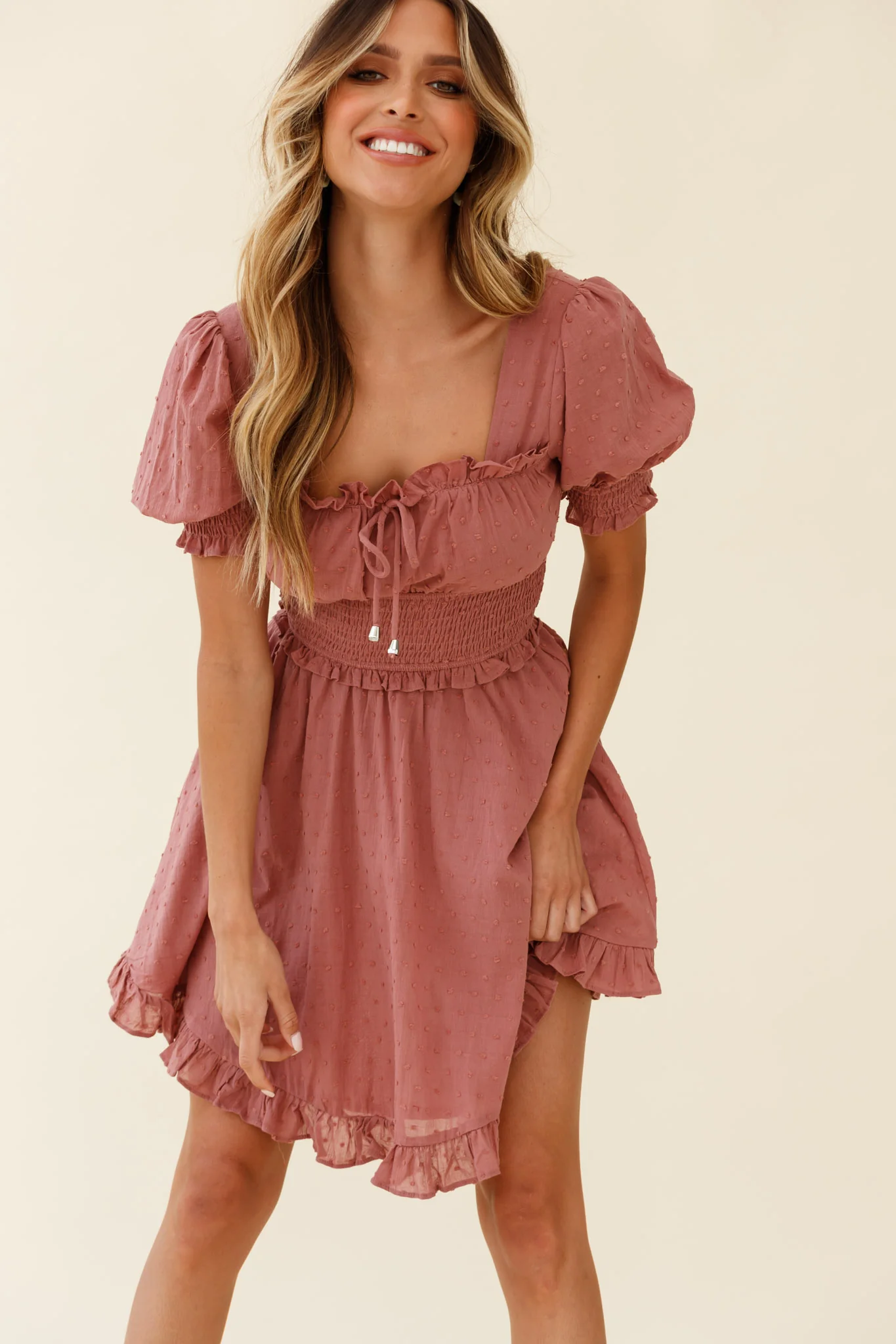 Summer In Paris Puff Sleeve Open Back Dress Rose