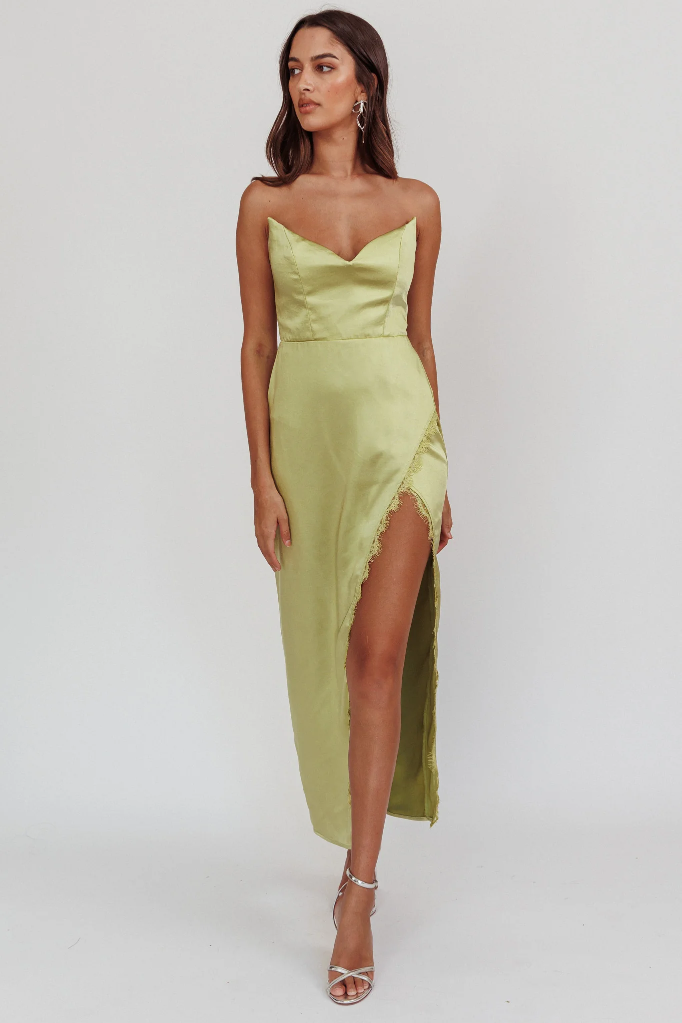 Winter Moon Strapless Lace Trim Midi Dress Sage