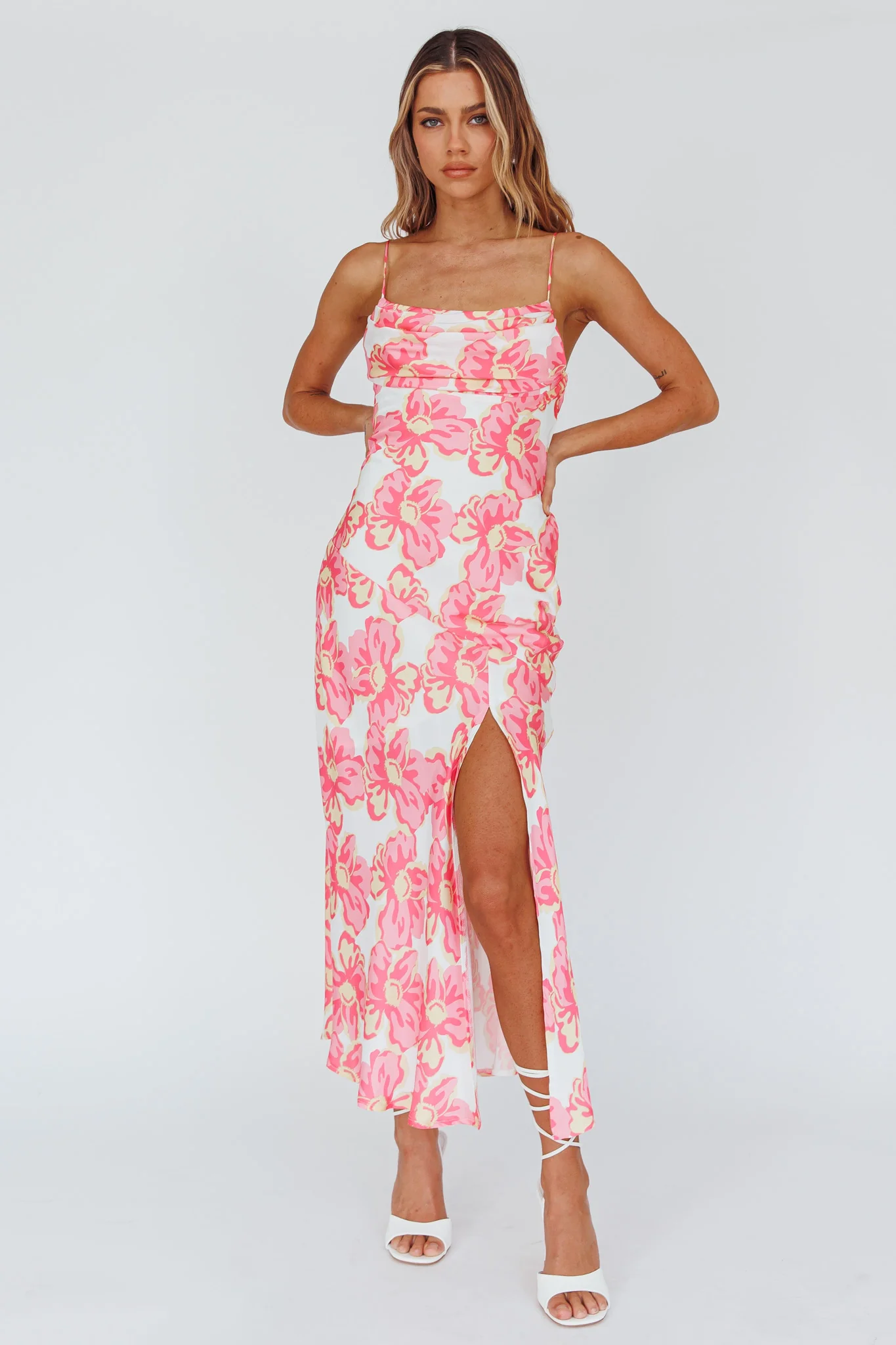 Well Versed Pleated Bust Front Split Dress Flowers Pink