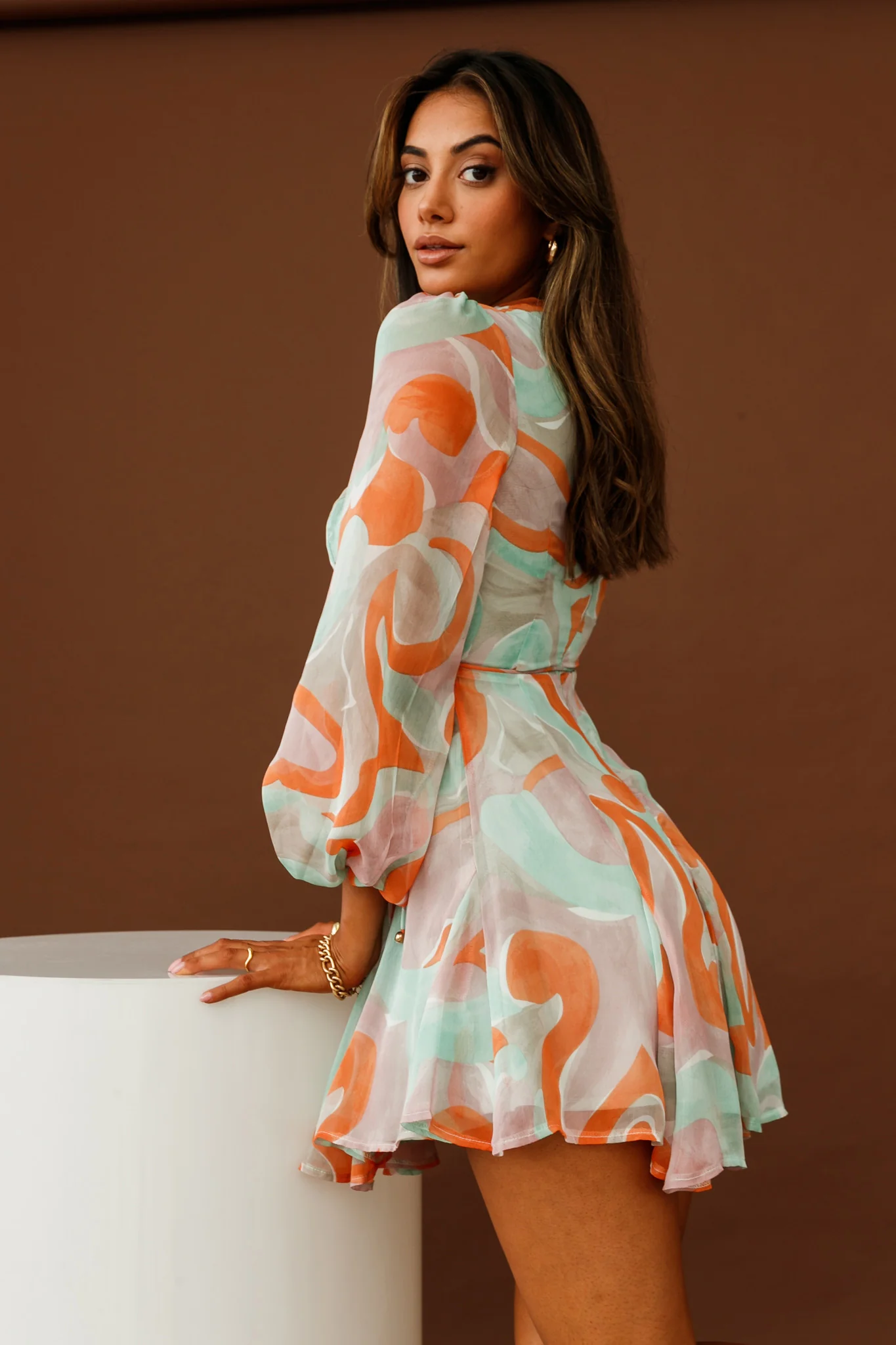 Estelle Long Sleeve V-Neckline Dress Swirl Print Orange/Mint