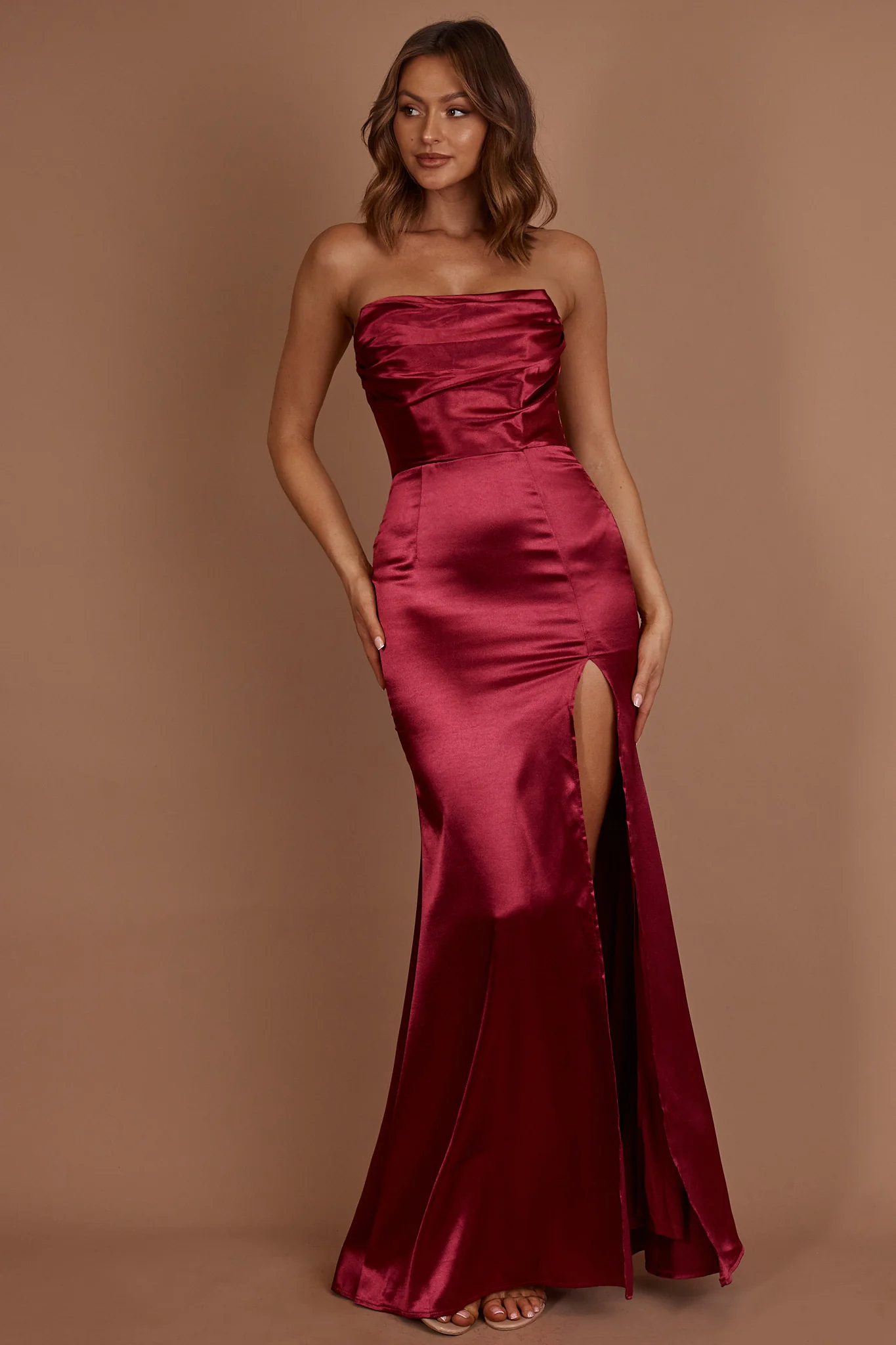 Kalisa Strapless Thigh Split Maxi Dress Burgundy