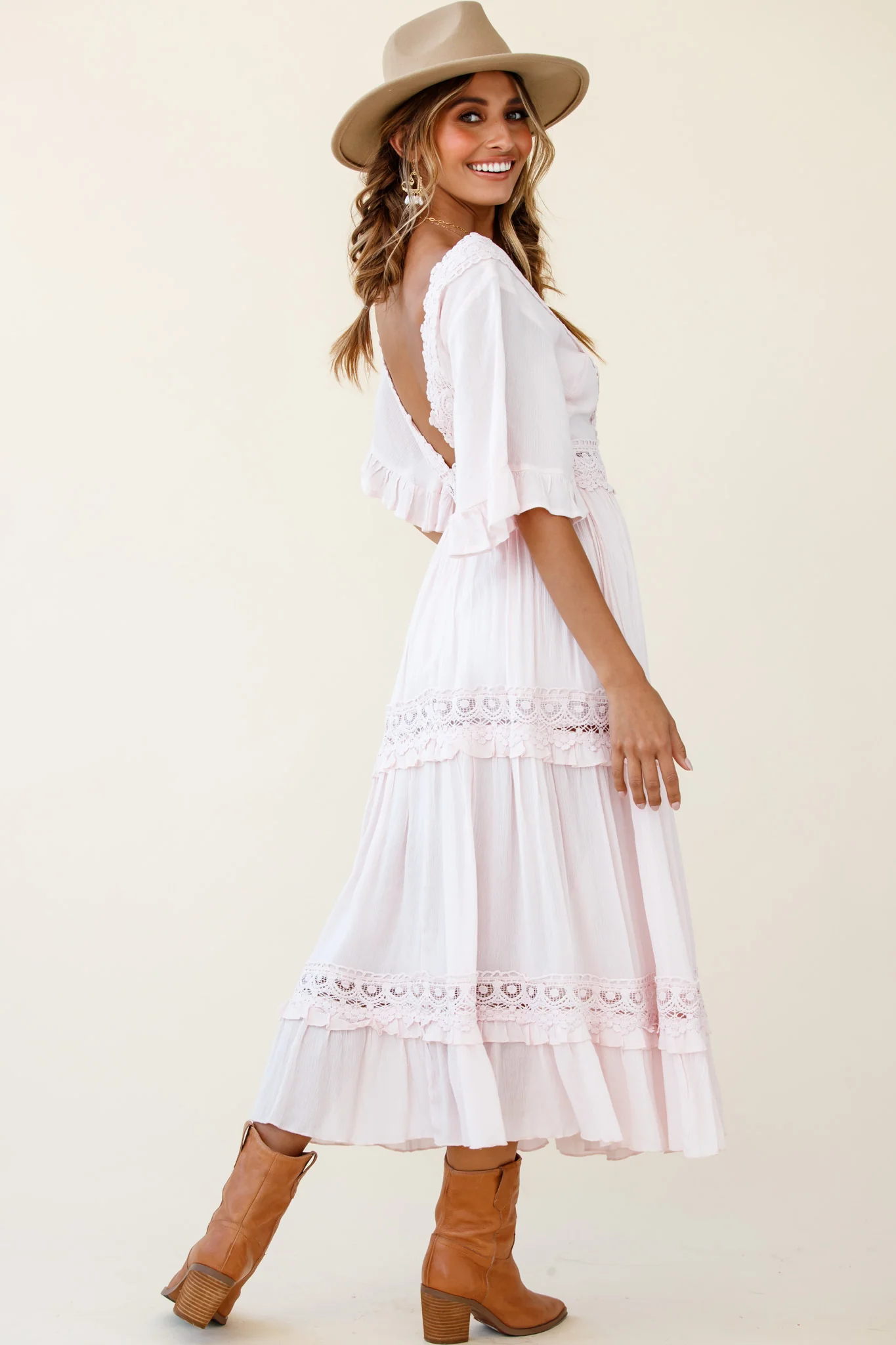 Indio Crochet Insert Deep V-Neckline Angel Sleeve Maxi Dress Pink