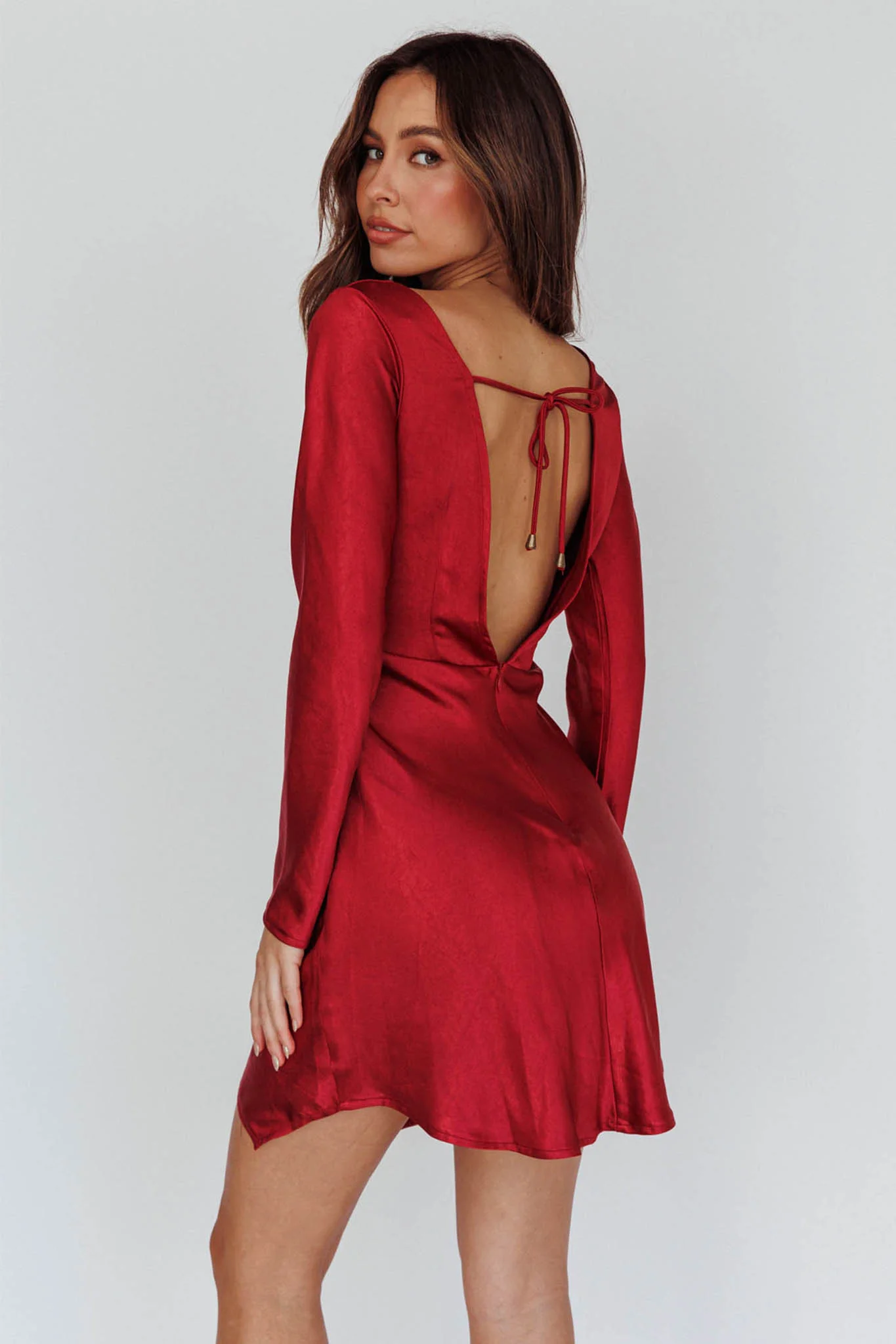 Thank Me Later Long Sleeve Open Back Dress Wine
