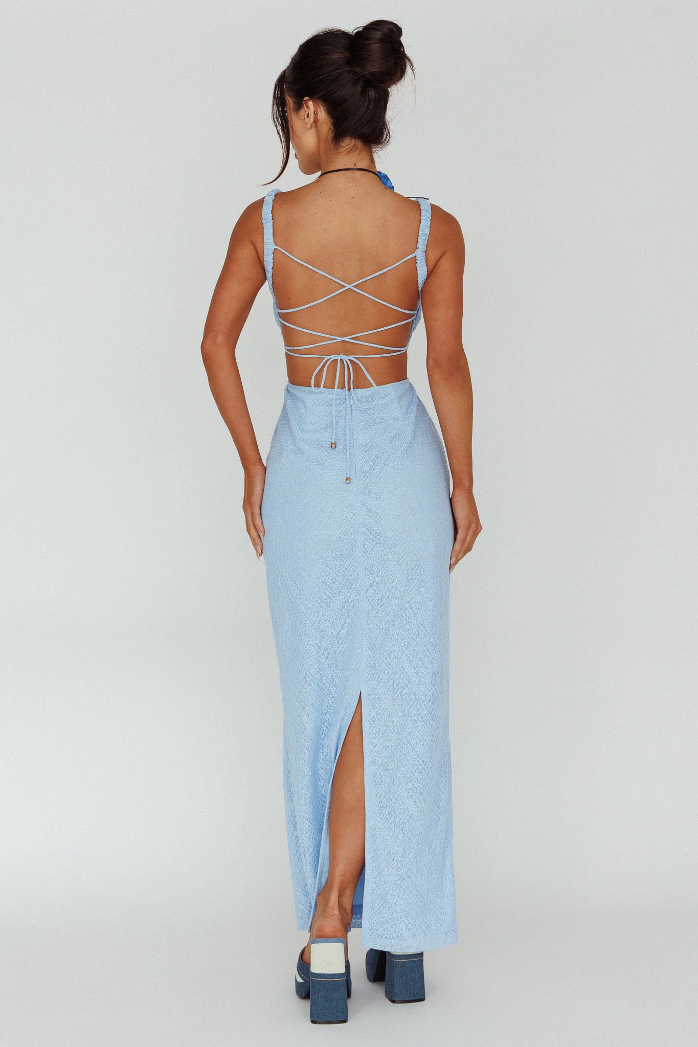 Dream Crush Lace-Up Back Mesh Overlay Midi Dress Blue