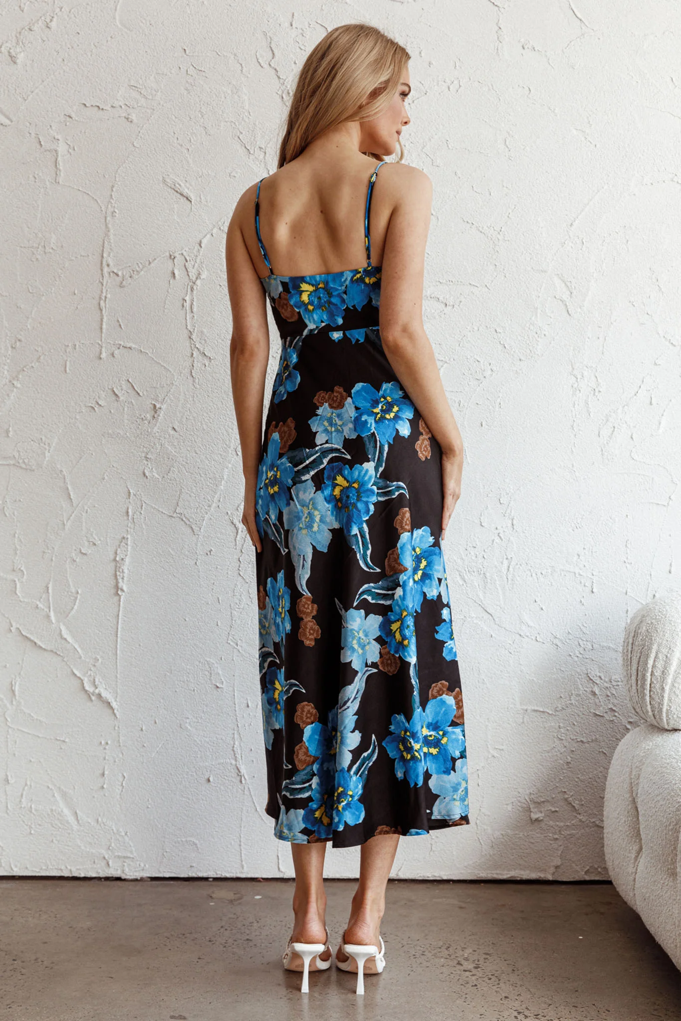 Missoula Cami Strap Padded Bust Midi Dress Flower Blue