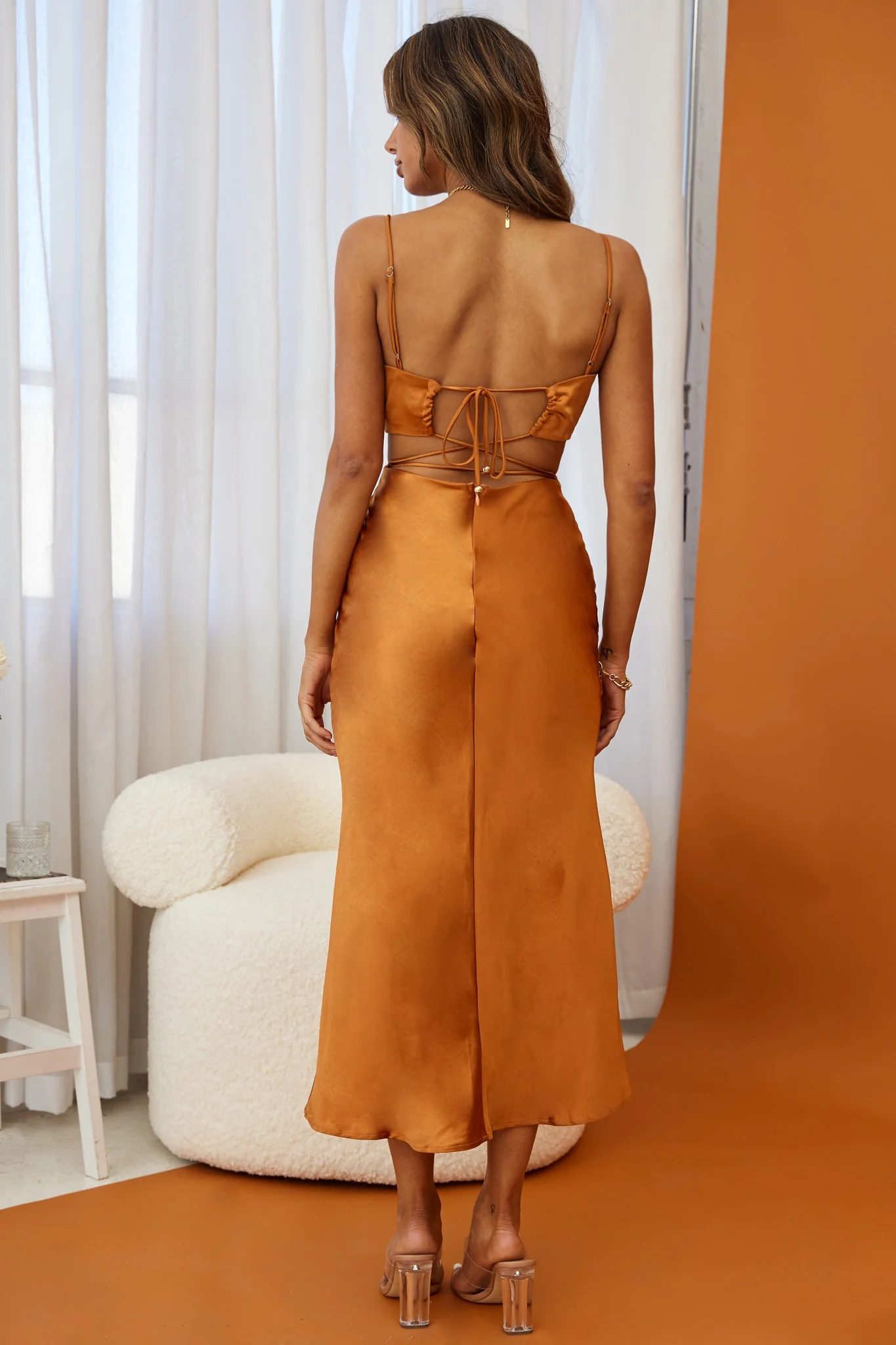 City Lights Cut-Out Waist Strappy Back Midi Dress Bronze