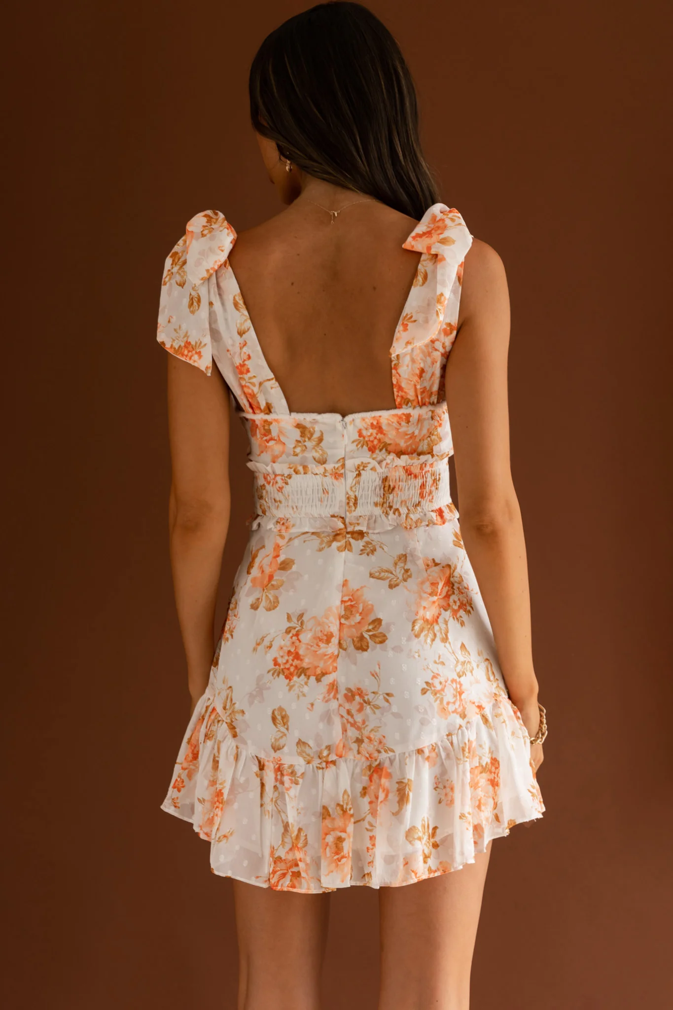 Break Of Dawn Bow Shoulder Shirred Waist Dress Floral White