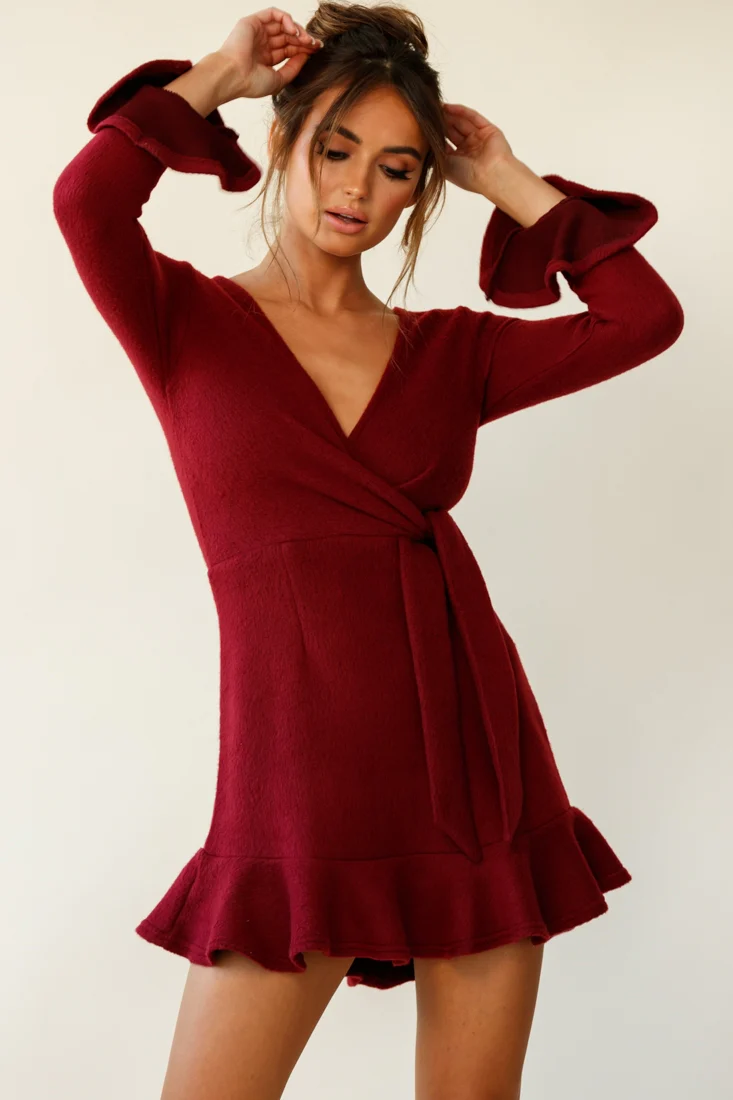 Shalini Flared Cuff Surplice Neckline Knit Dress Wine