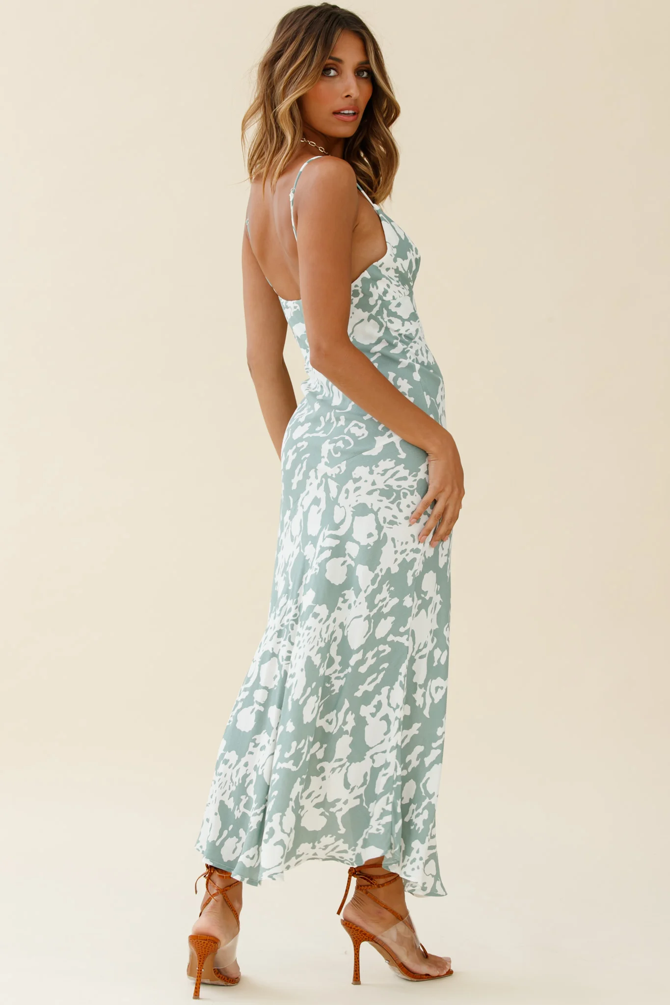 Downtown Cami Strap Front Split Midi Dress Stencil Print Sage