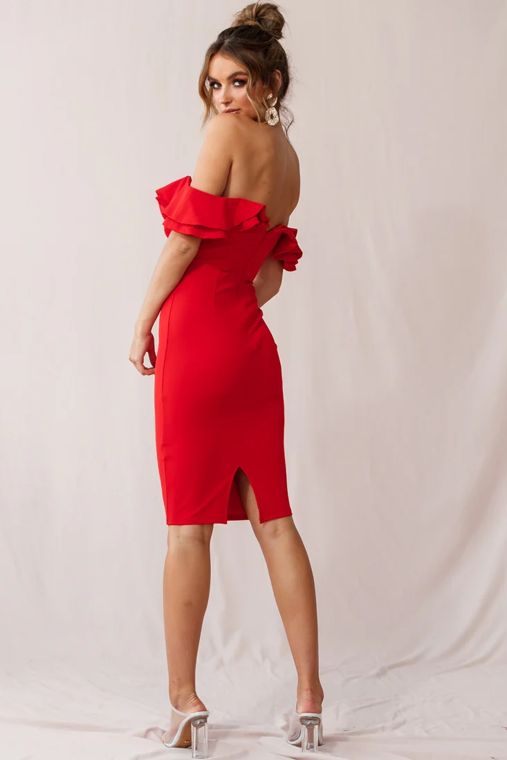Rossi Ruffled Off The Shoulder Bodycon Dress Red