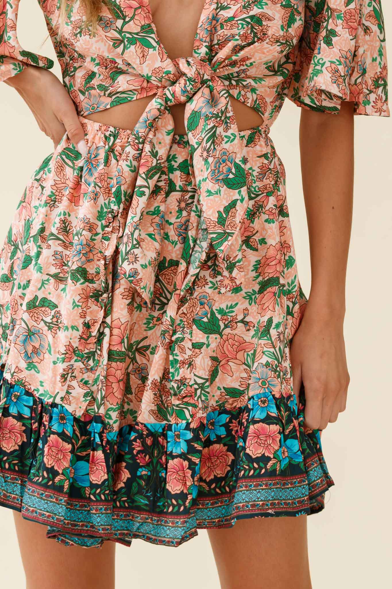 Suva Tie-Knot Bust A-Line Dress Botanic Print Nude