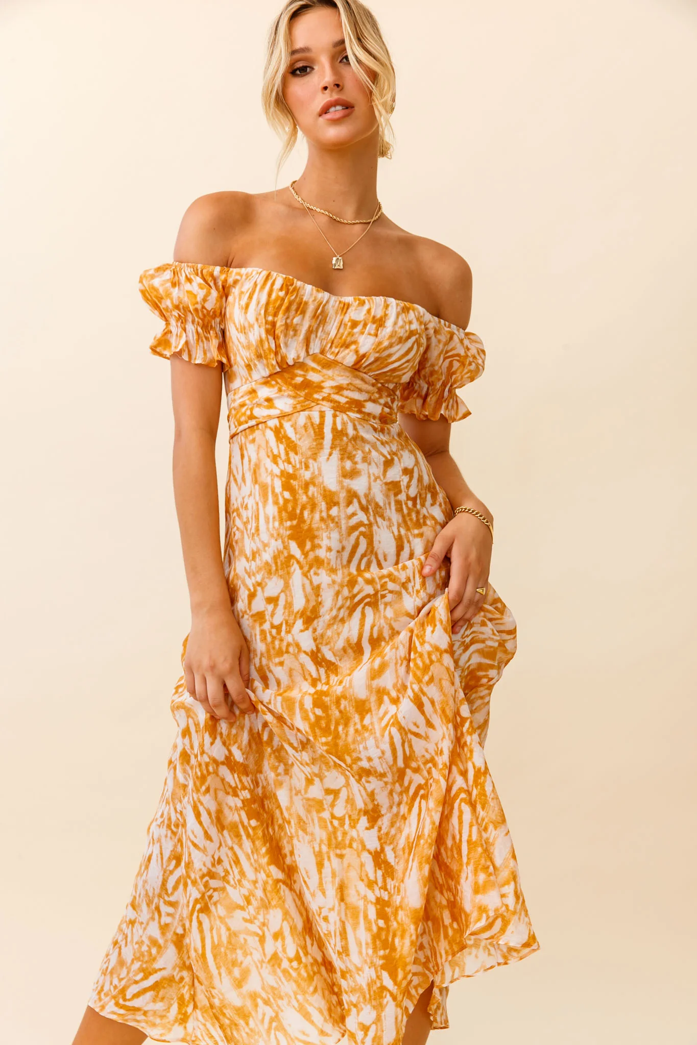 Linka Off-Shoulder Tie Back Midi Dress Printed Orange