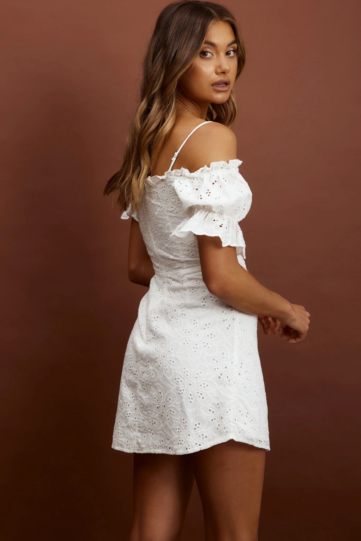 Toluca Puff Sleeve Frill Trim Eyelet Dress White