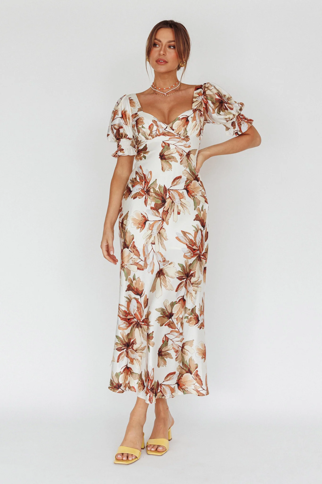 Brigita Tied Back Midi Dress Floral Brown