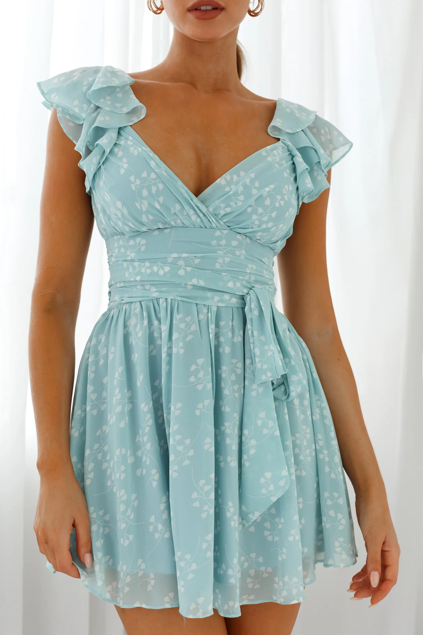 Lola Ruffle Shoulder Ruched Dress Leaf Print Blue