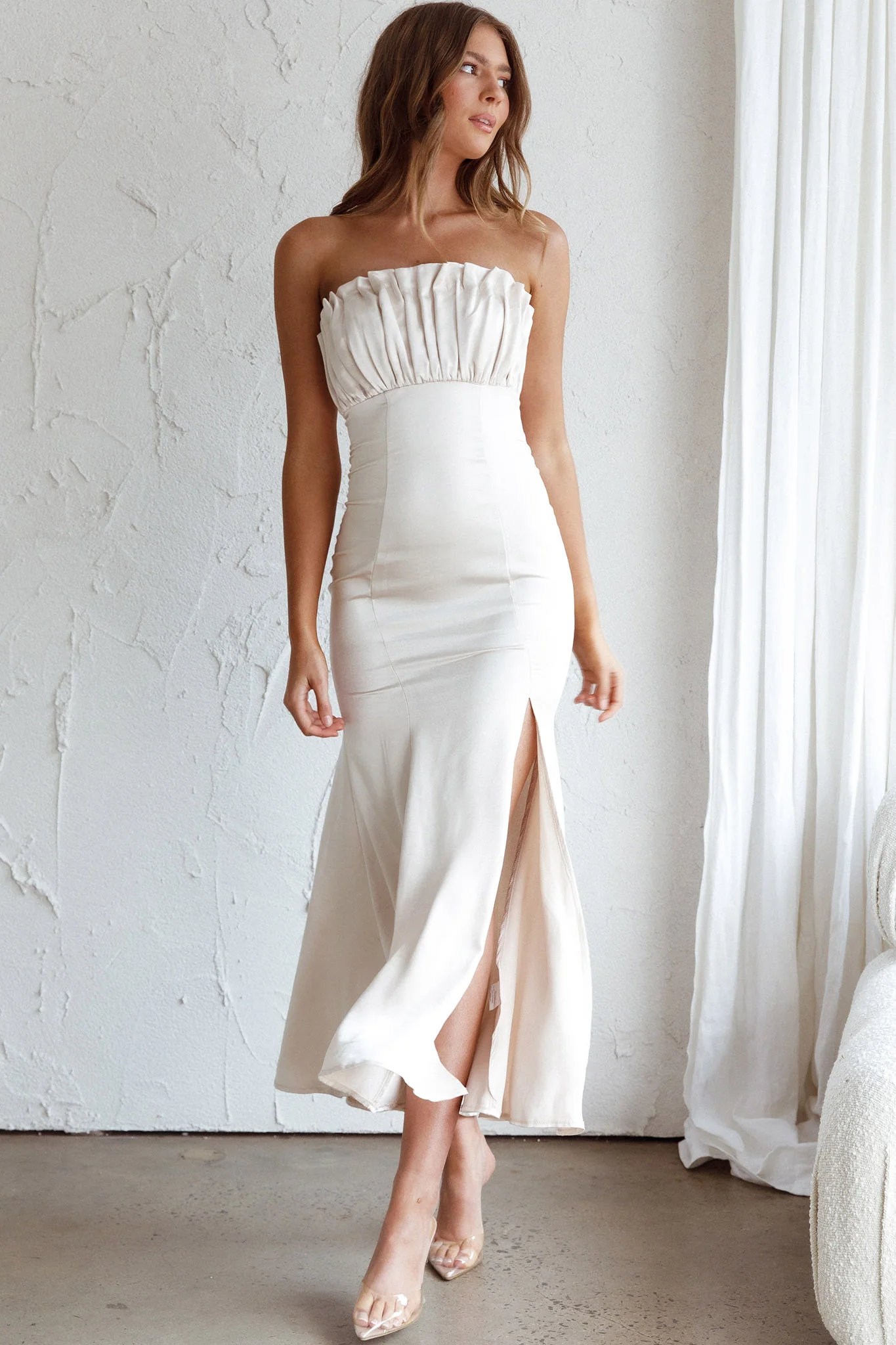 Tivoli Strapless Gathered Bust Midi Dress Champagne