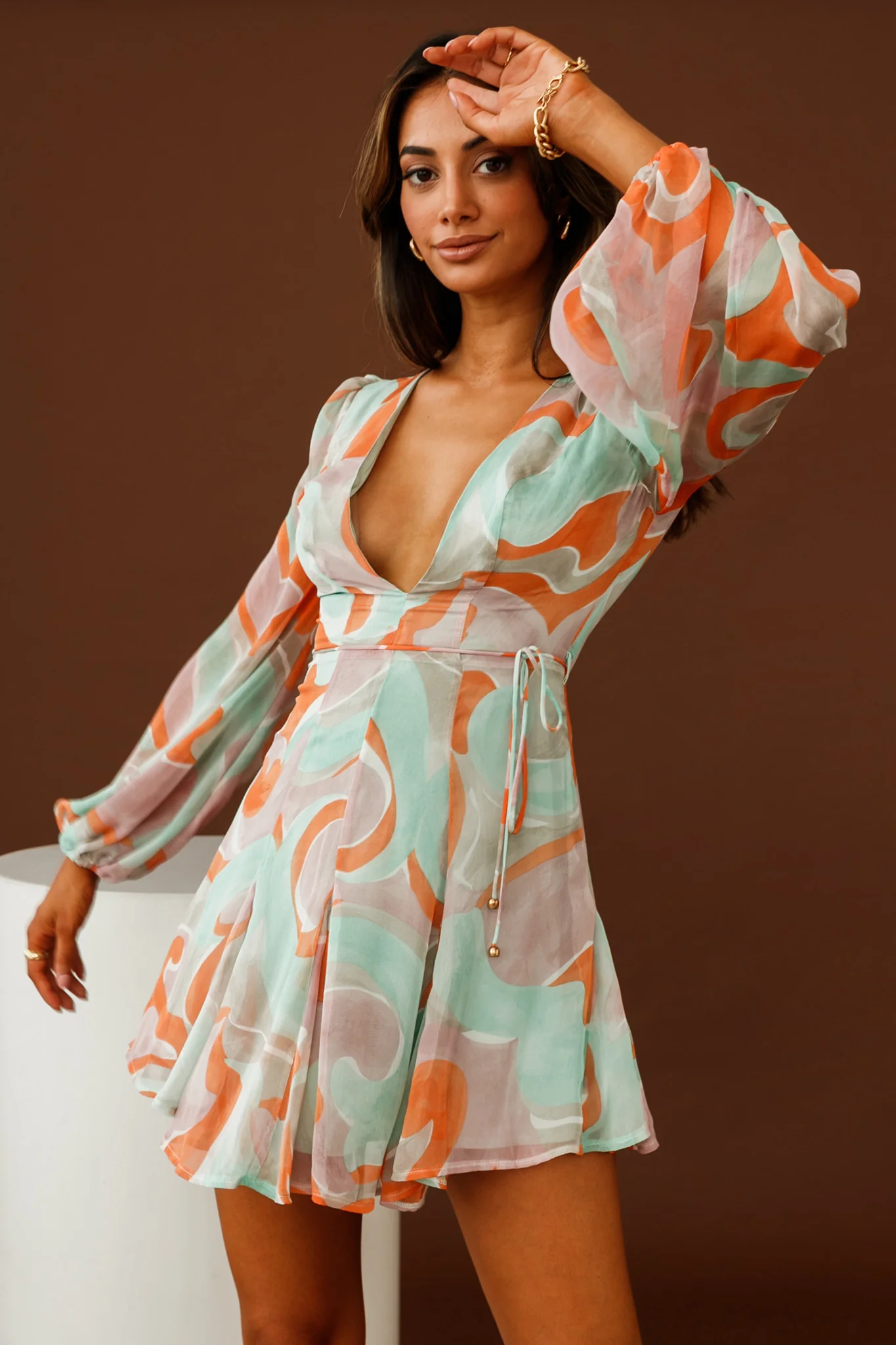 Estelle Long Sleeve V-Neckline Dress Swirl Print Orange/Mint