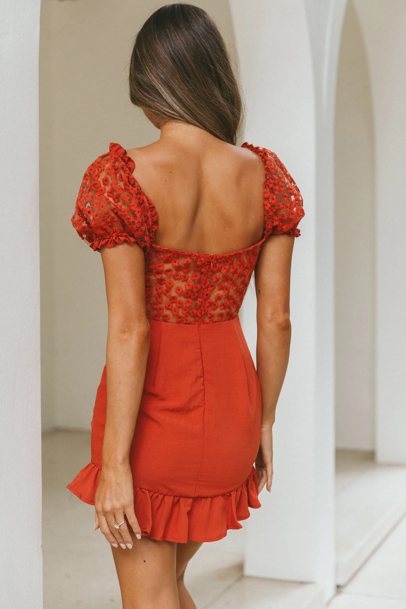 Field Dreams Puff Sleeve Tie-Up Bodice Floral Embroidery Mini Dress Rose