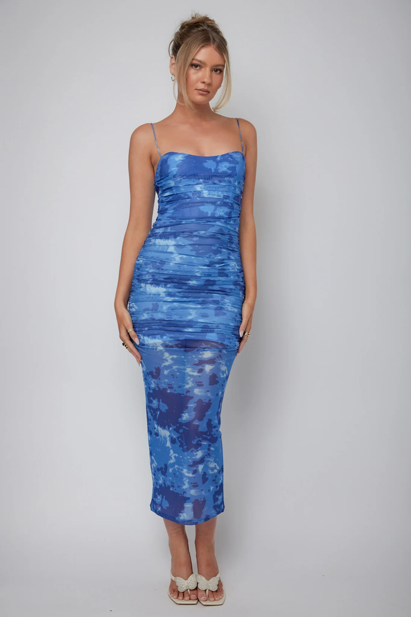 Logan Ruched Midi Dress Mottled Blue