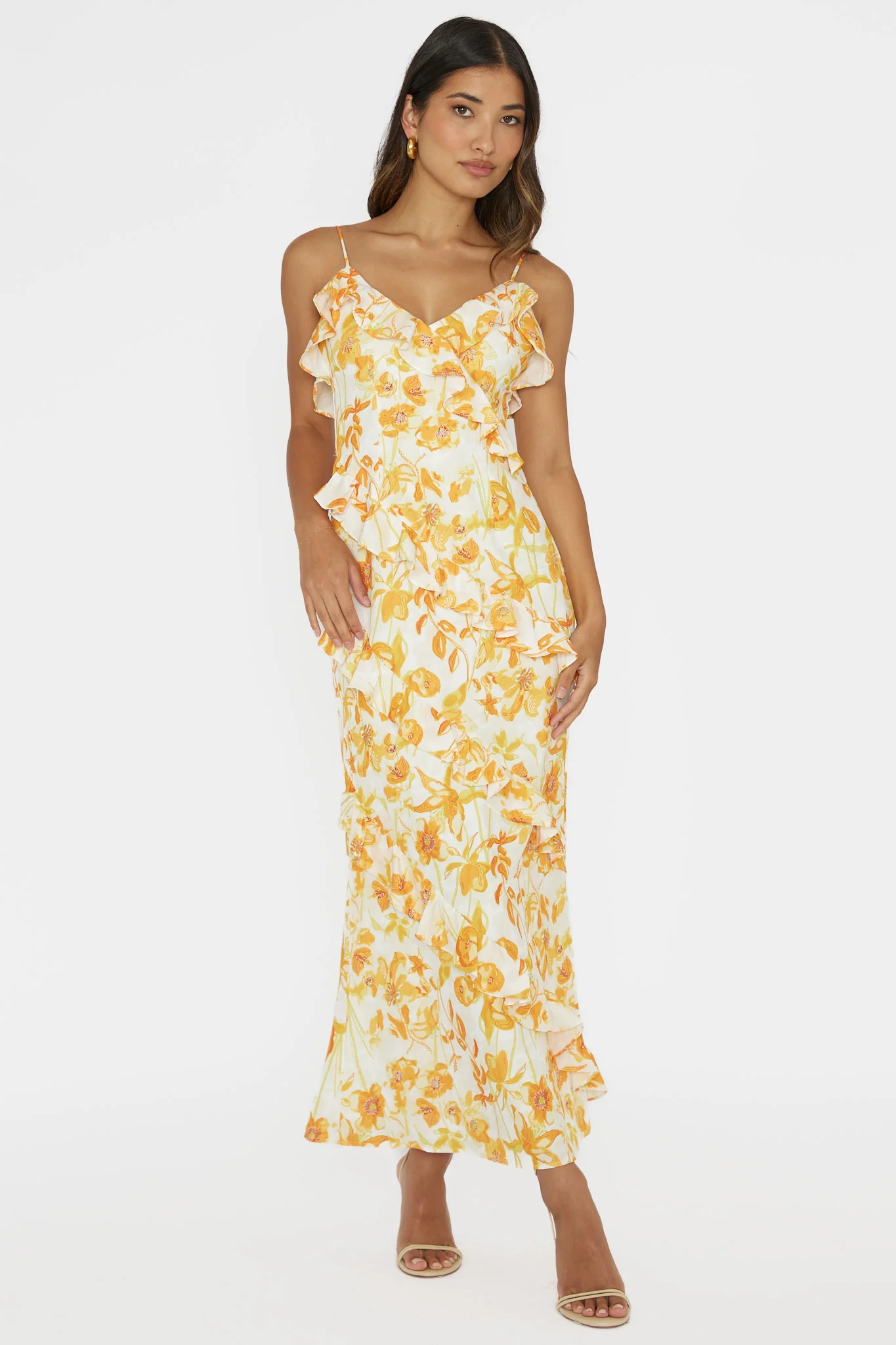 Silvana Frill Trim Midi Dress Floral Orange