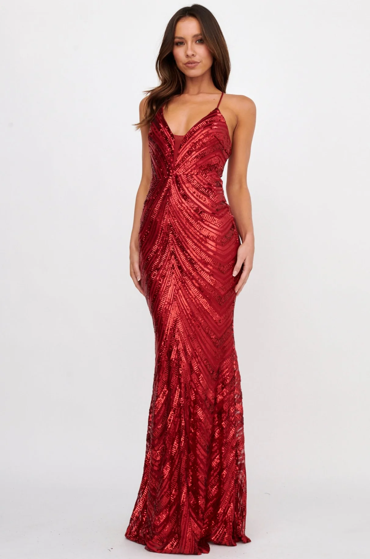 Dalila Open Tied Back Sequin Maxi Dress Red