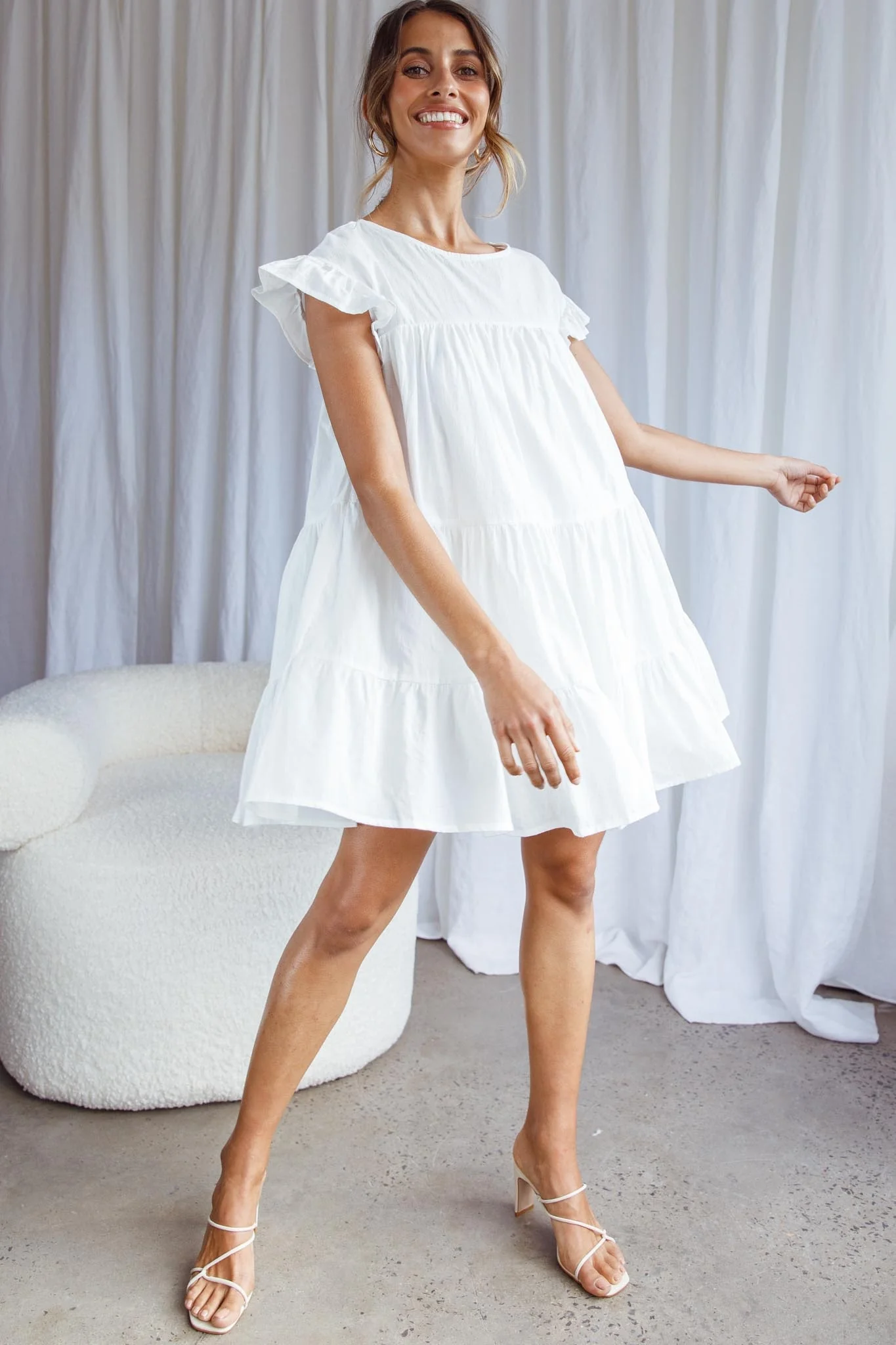 Hyacinth Ruffle Sleeve Smock Dress White