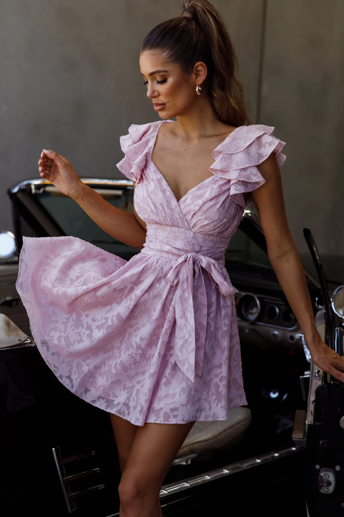 Lola Ruffle Shoulder Ruched Dress Textured Blush