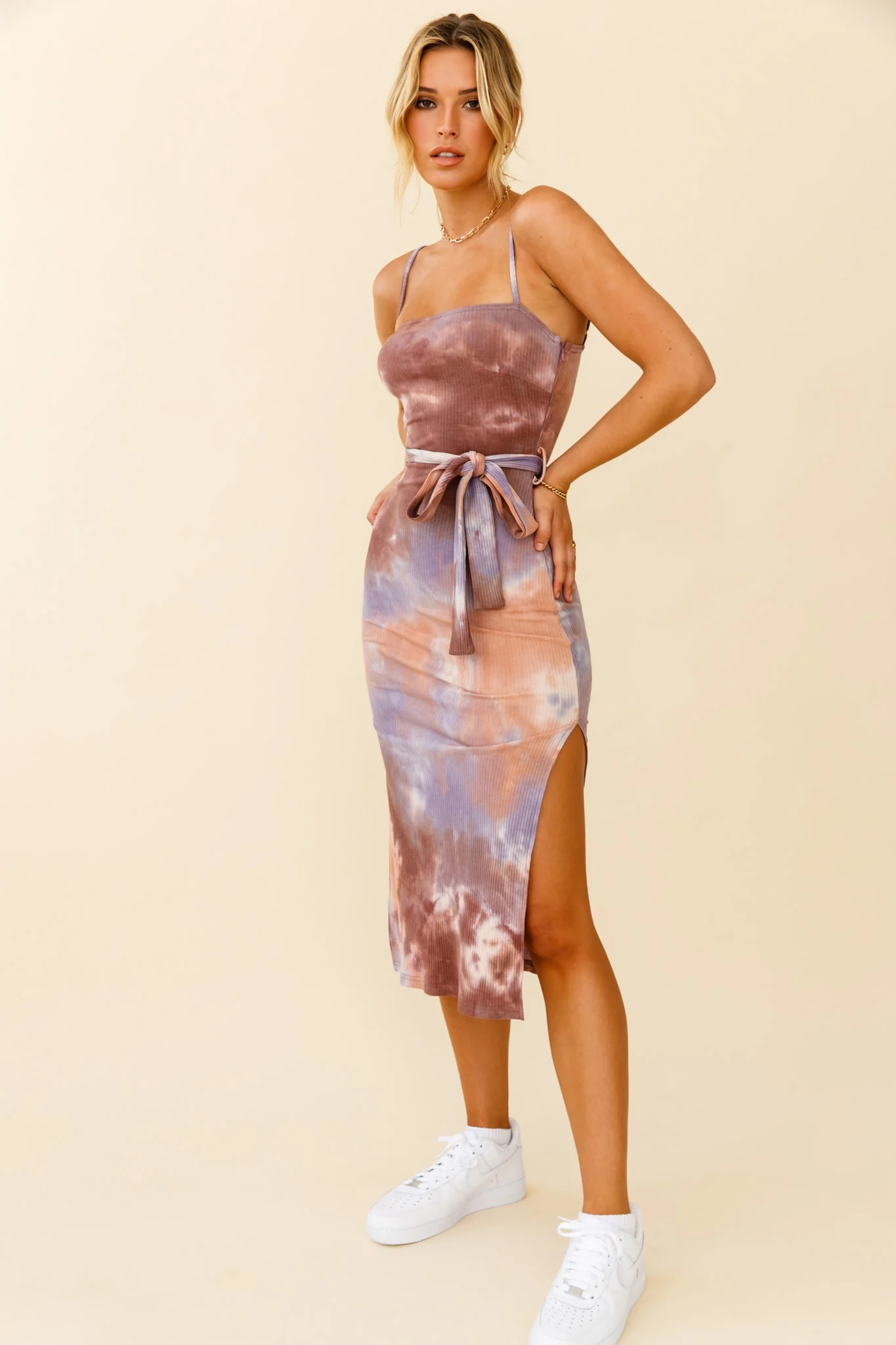 Serenade Me Square Neckline Side Split Midi Dress Tie Dye Brown/Lilac