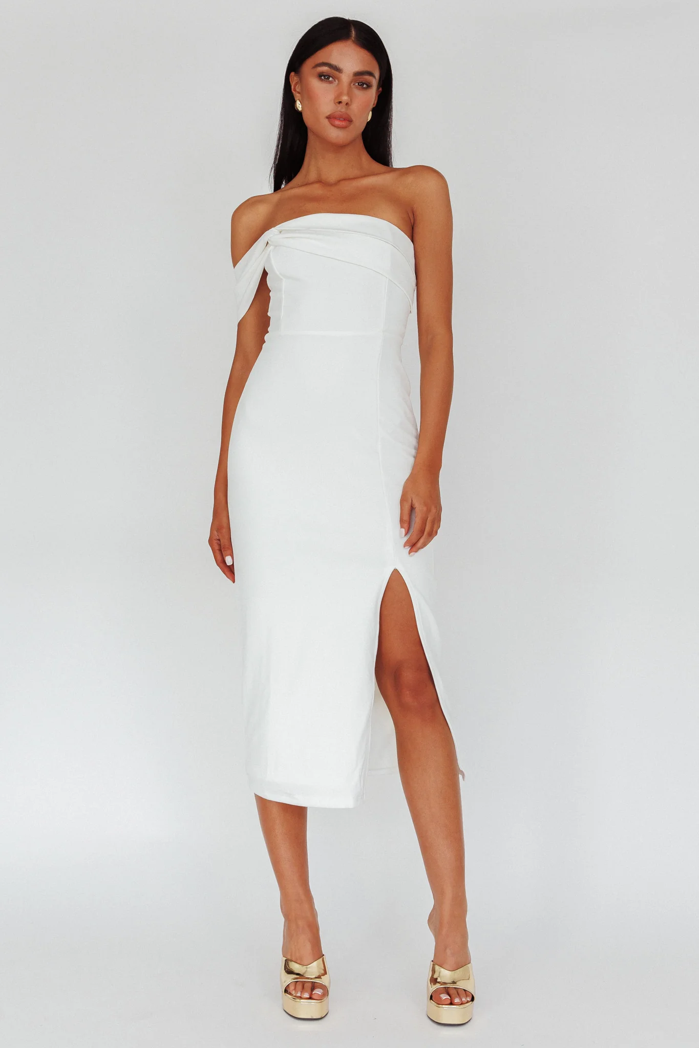 First Impressions One Shoulder Midi Dress White