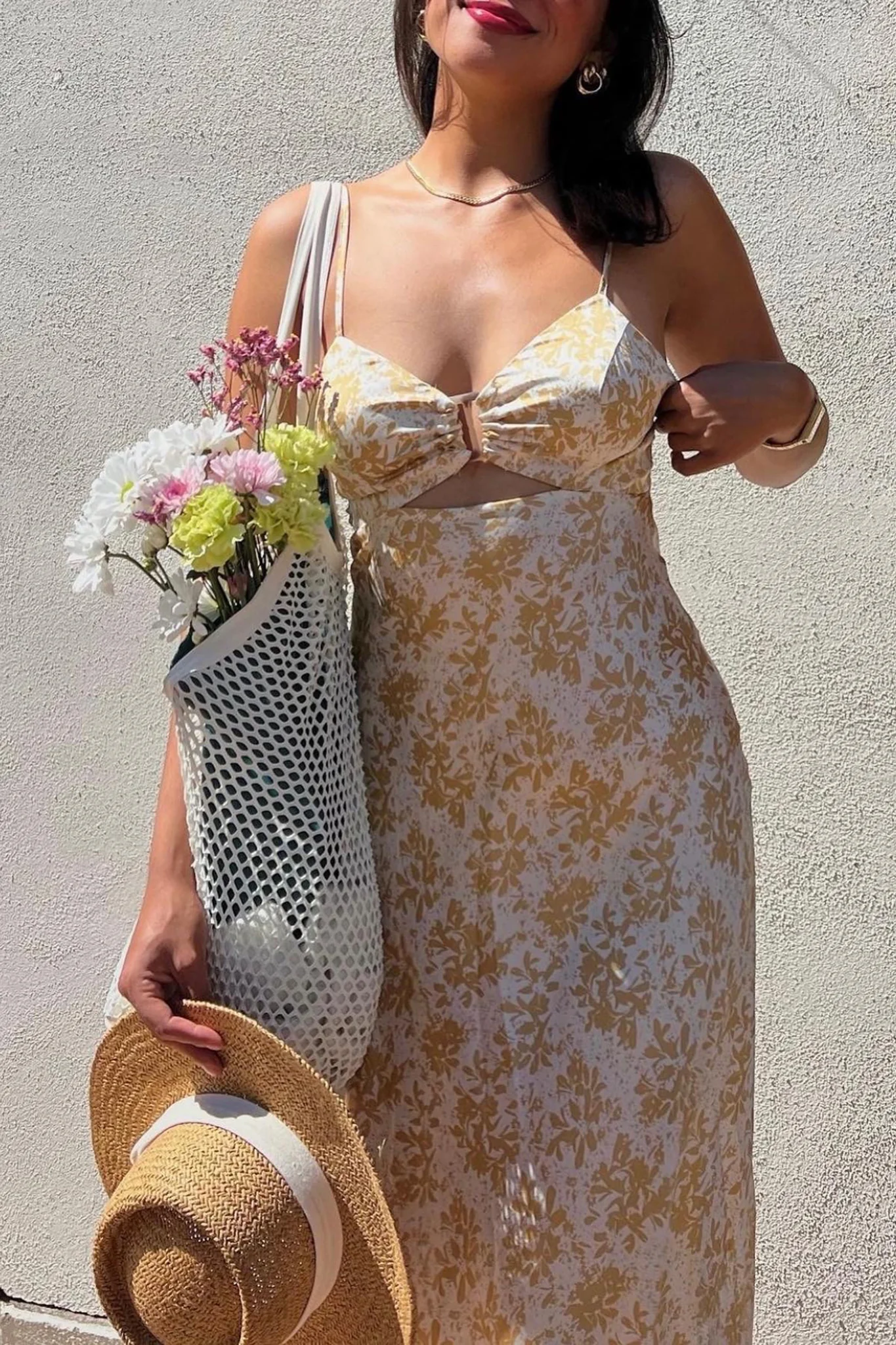 Melancholy Resin Buckle Midi Dress Floral Stencil Print White/Yellow