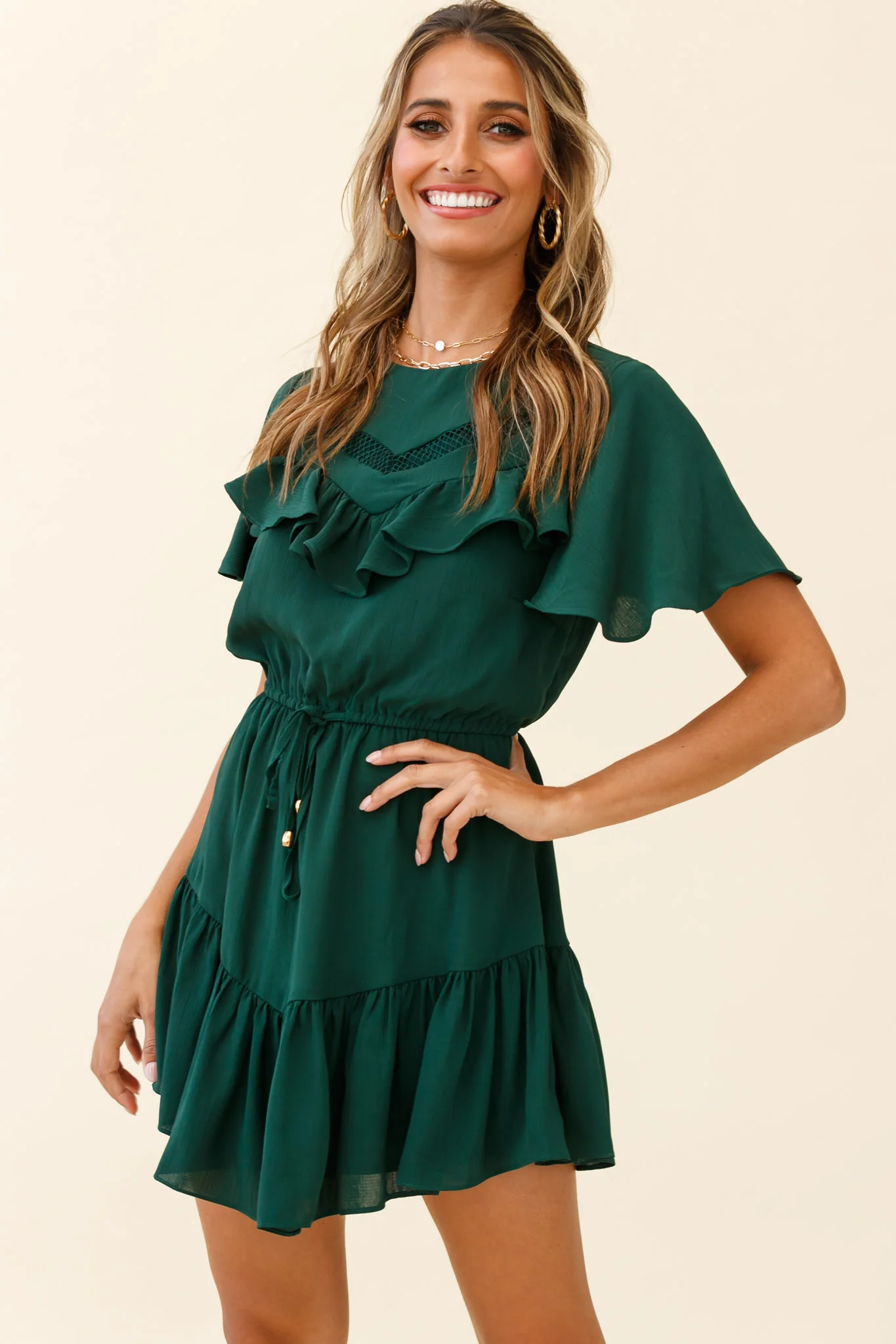 Forever Free Angel Sleeve Drawstring Waist Dress Forest Green