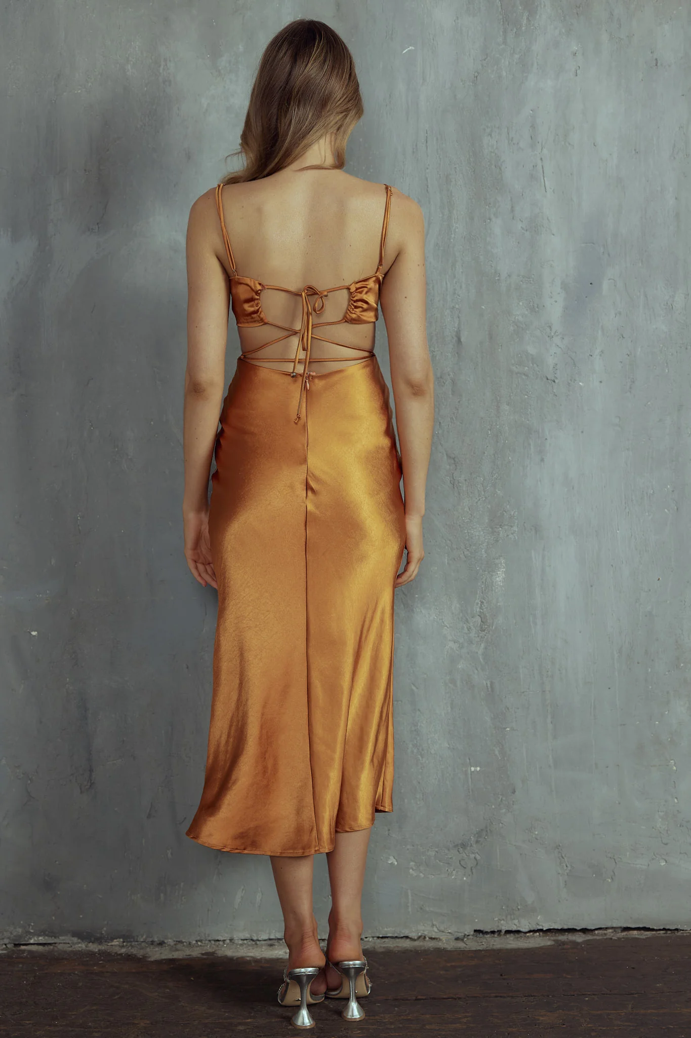 City Lights Cut-Out Waist Strappy Back Midi Dress Bronze