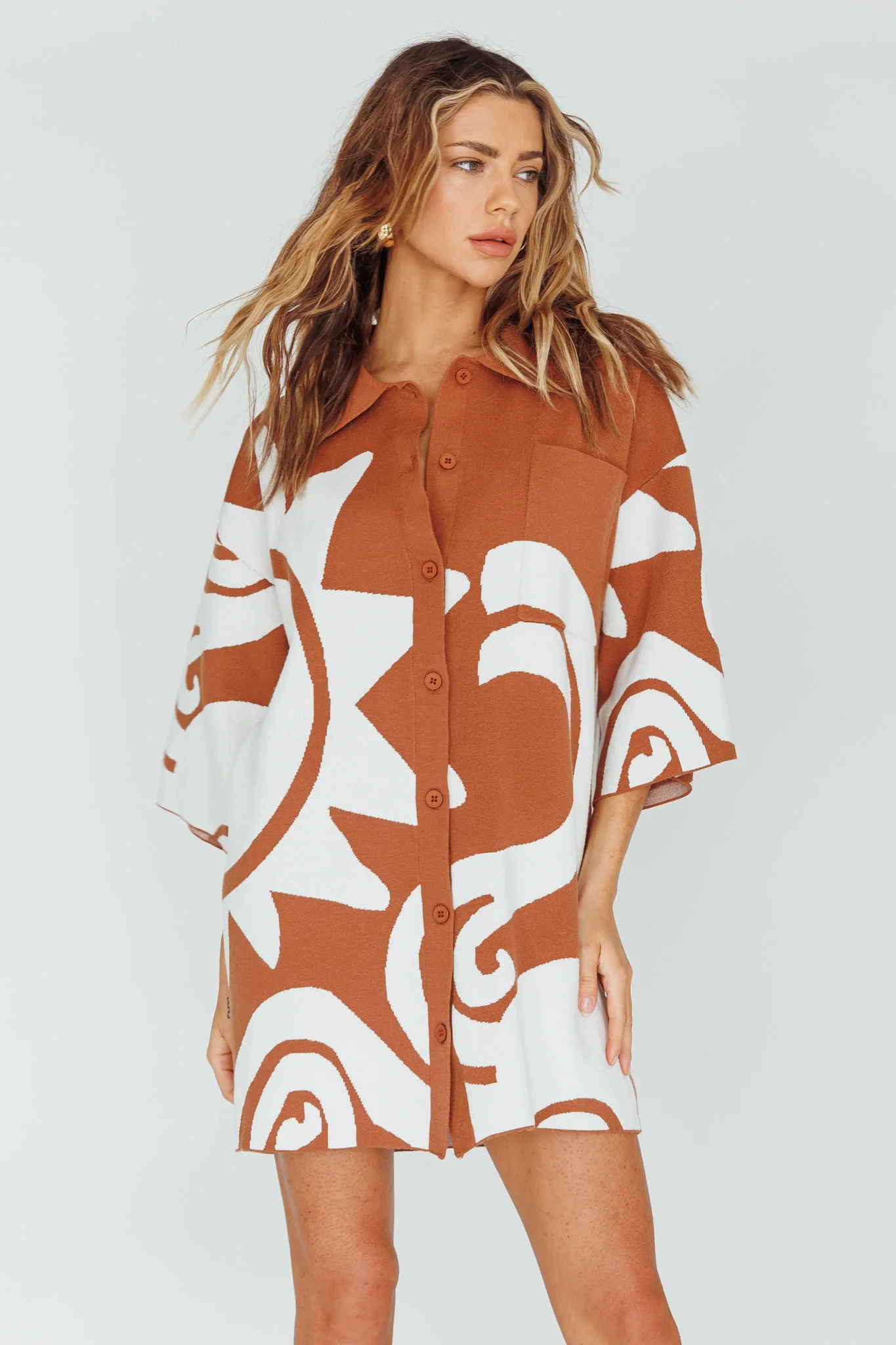 Nalani Button Up Knit Shirt Dress Chocolate/Beige