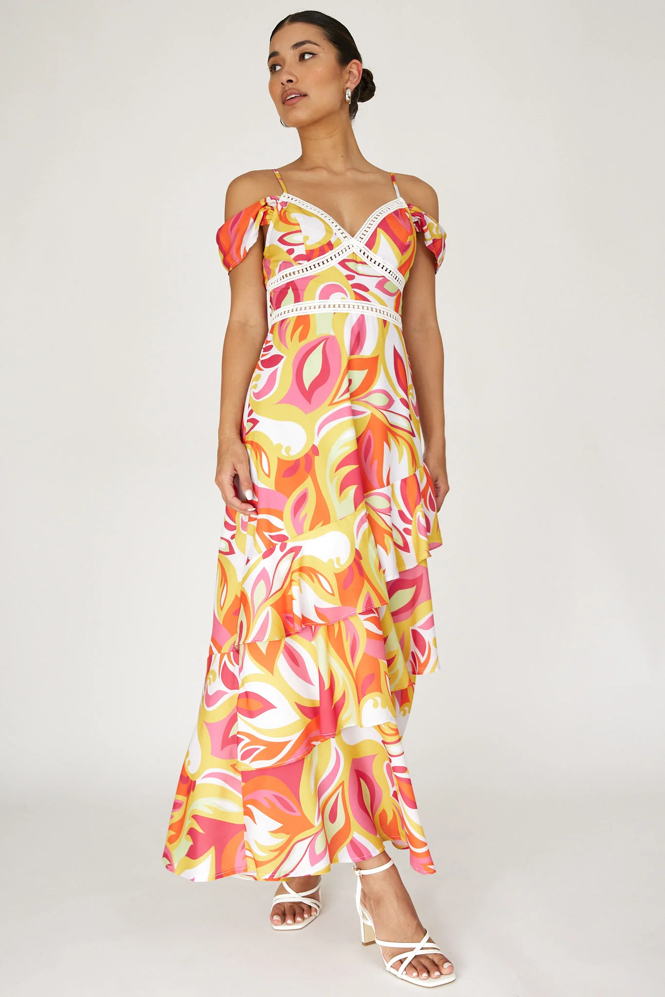 Seina Off-Shoulder Crochet Trim Dress Print Orange