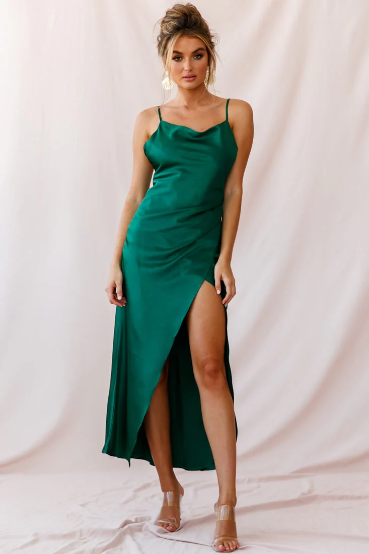 Hey Girl Long Satin Cowl Neck Dress Forest Green