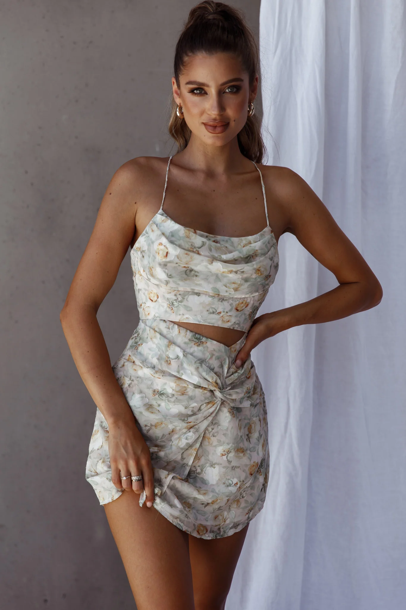 Miami Nights Cowl Neckline Twist Feature Mini Dress Floral Green