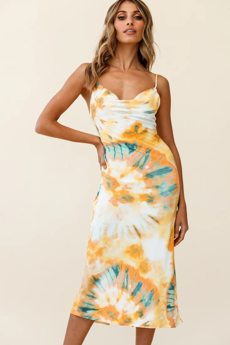 Show Me Love Cowl Neck Midi Dress Tie-Dye Orange Multi