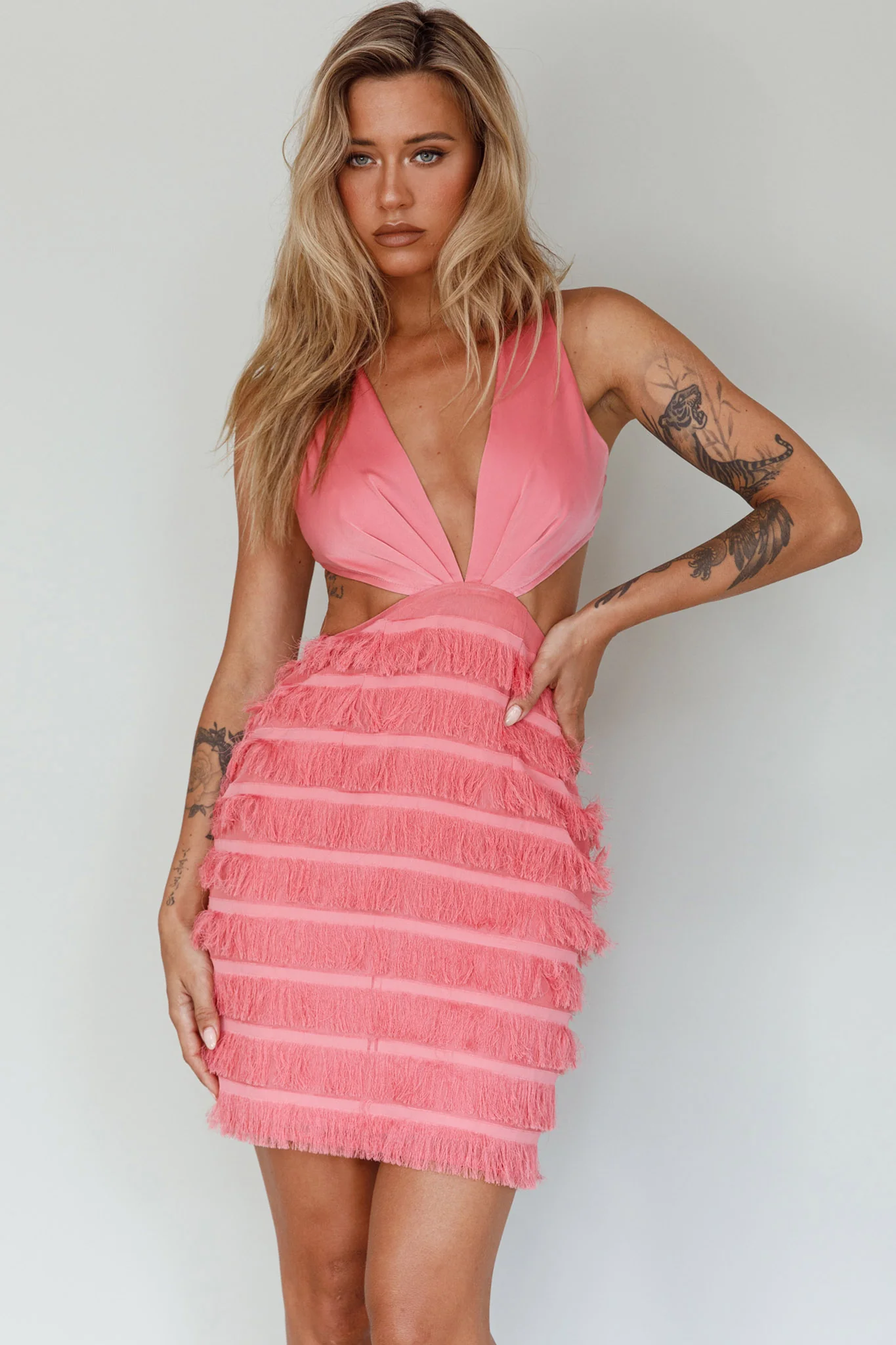 Jolie Fringing Detail Mini Dress Barbie Pink