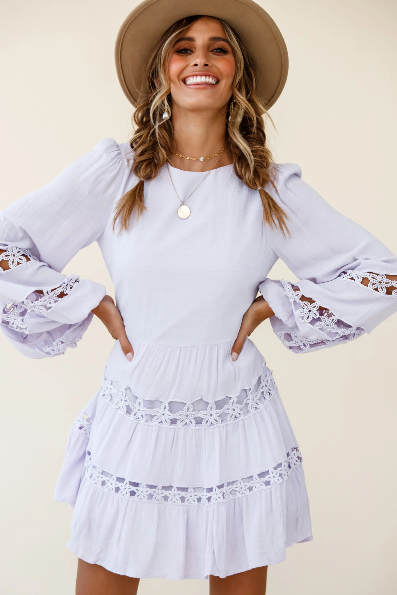 Miles Away Long Balloon Sleeve Trim Insert Dress Lilac