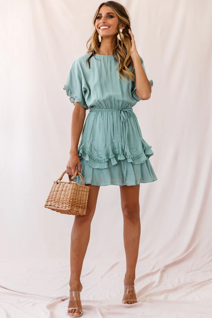 Mollina Frill Sleeve Tassel Hem Dress Olive
