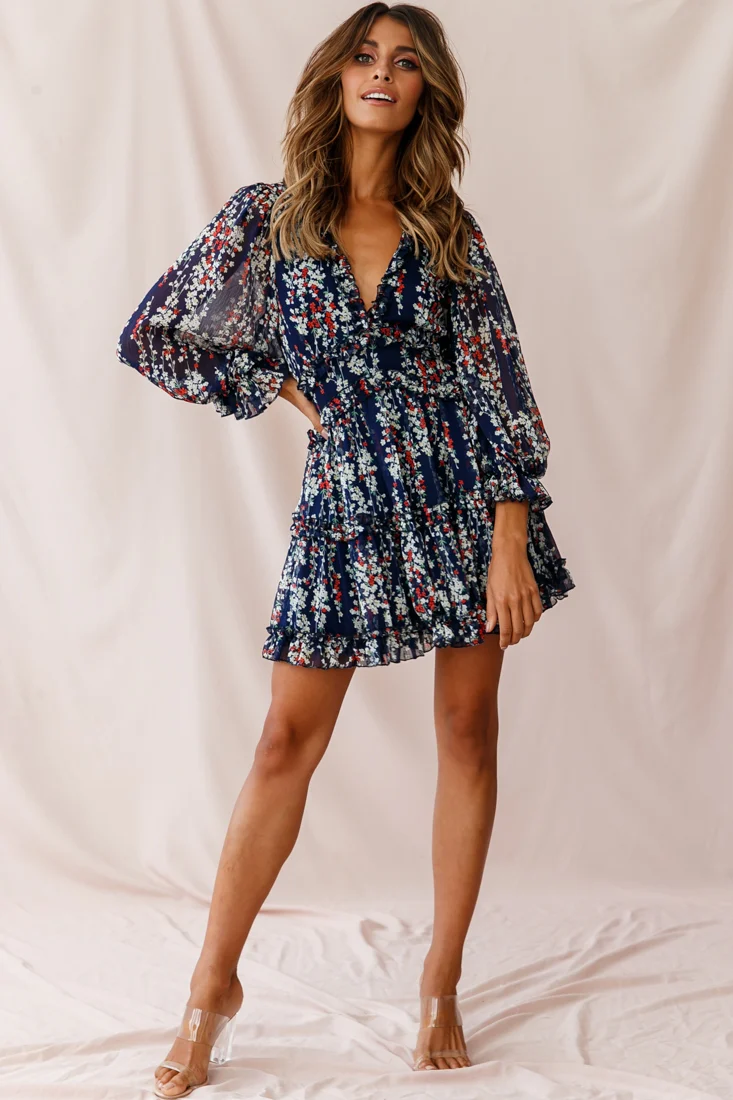 Laney Cutout Back Ruffle Detail Floral Dress Navy