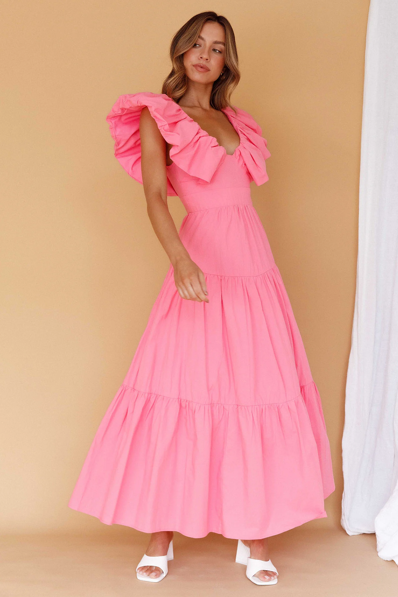 Kahlo Puffed Ruffle Neckline Maxi Dress Soft Pink