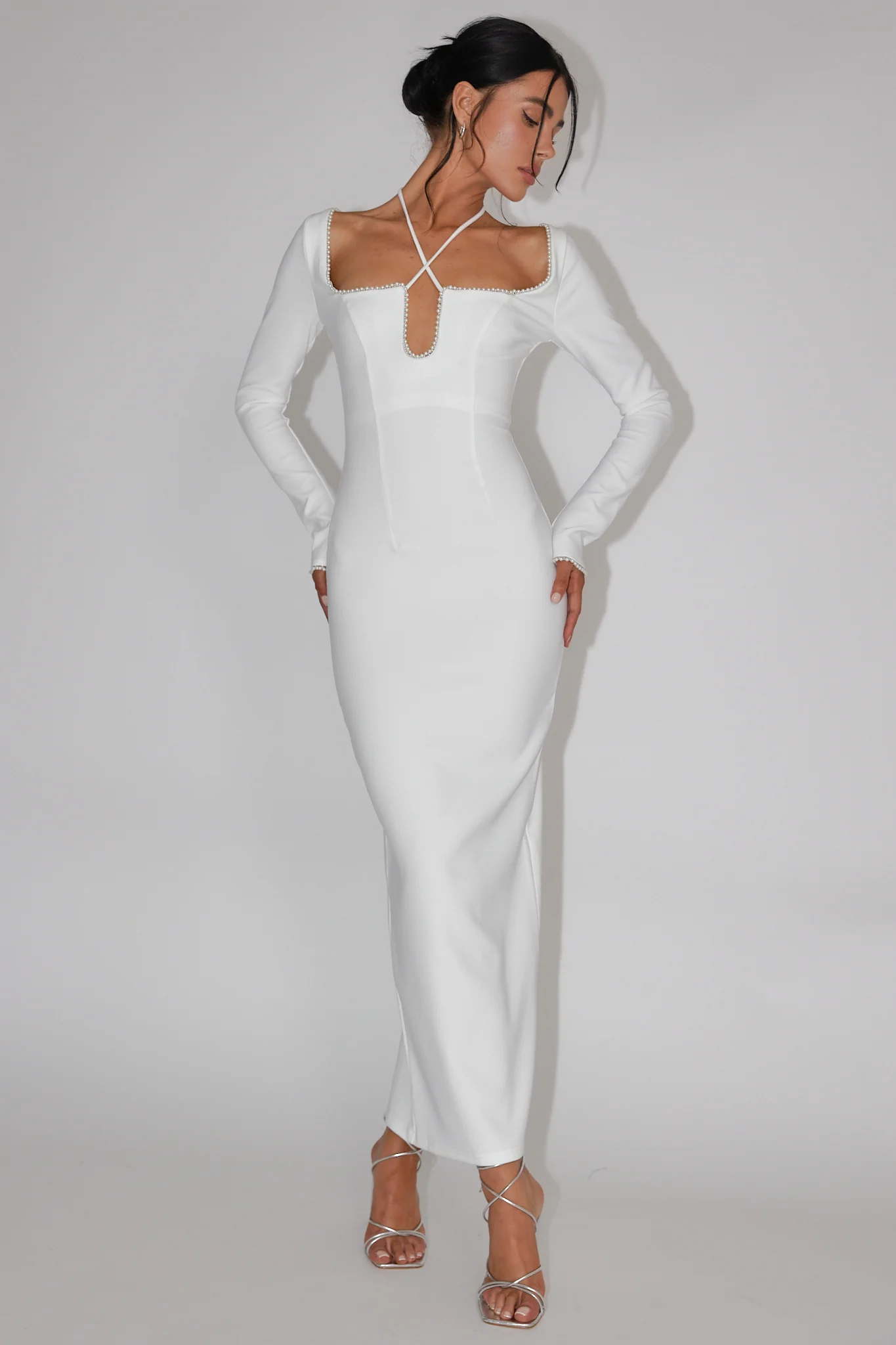 Samantha Pearl Trim Midi Dress White