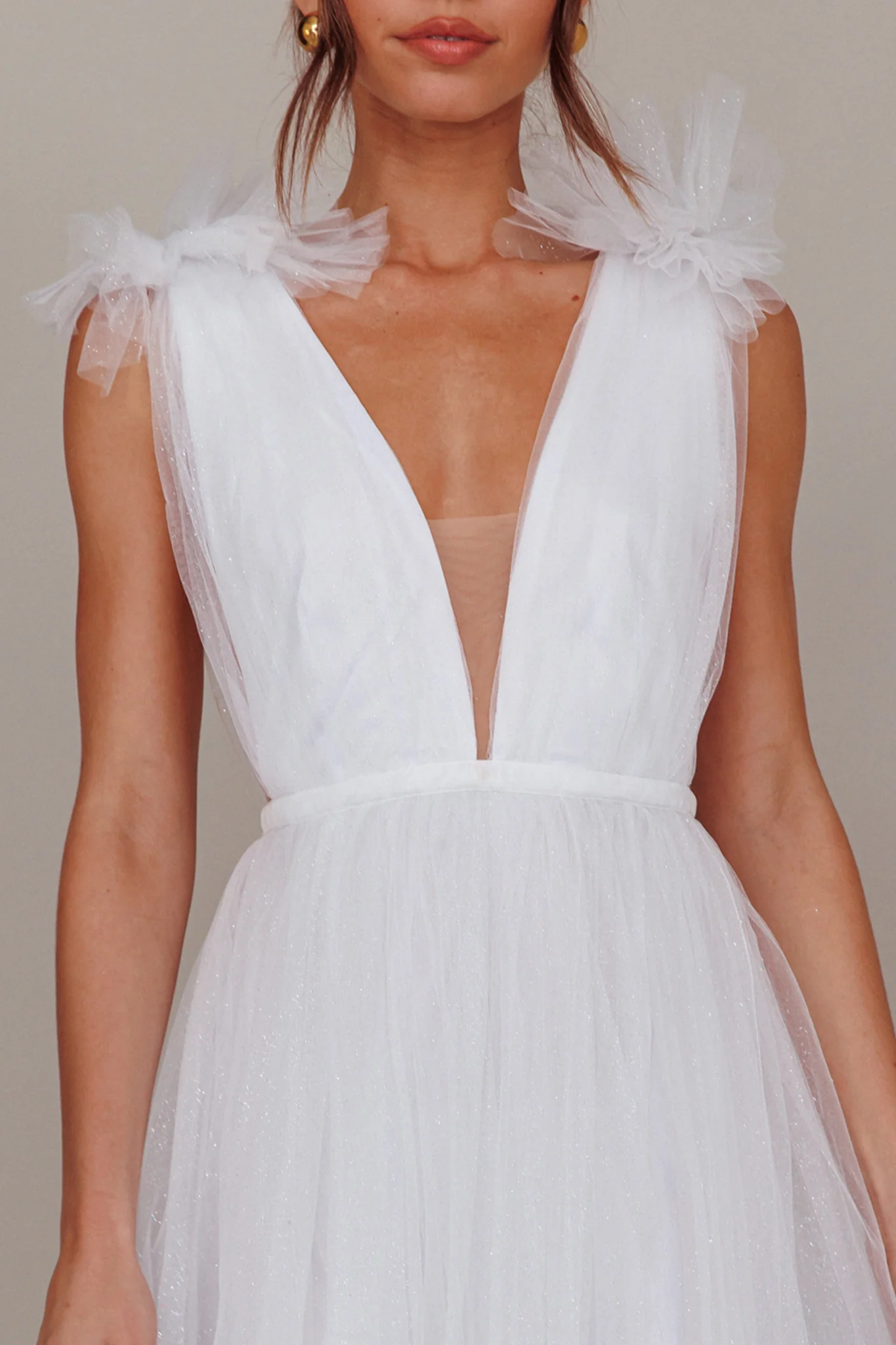 Ludivine Shoulder Accent Mesh Midi Dress Glitter White