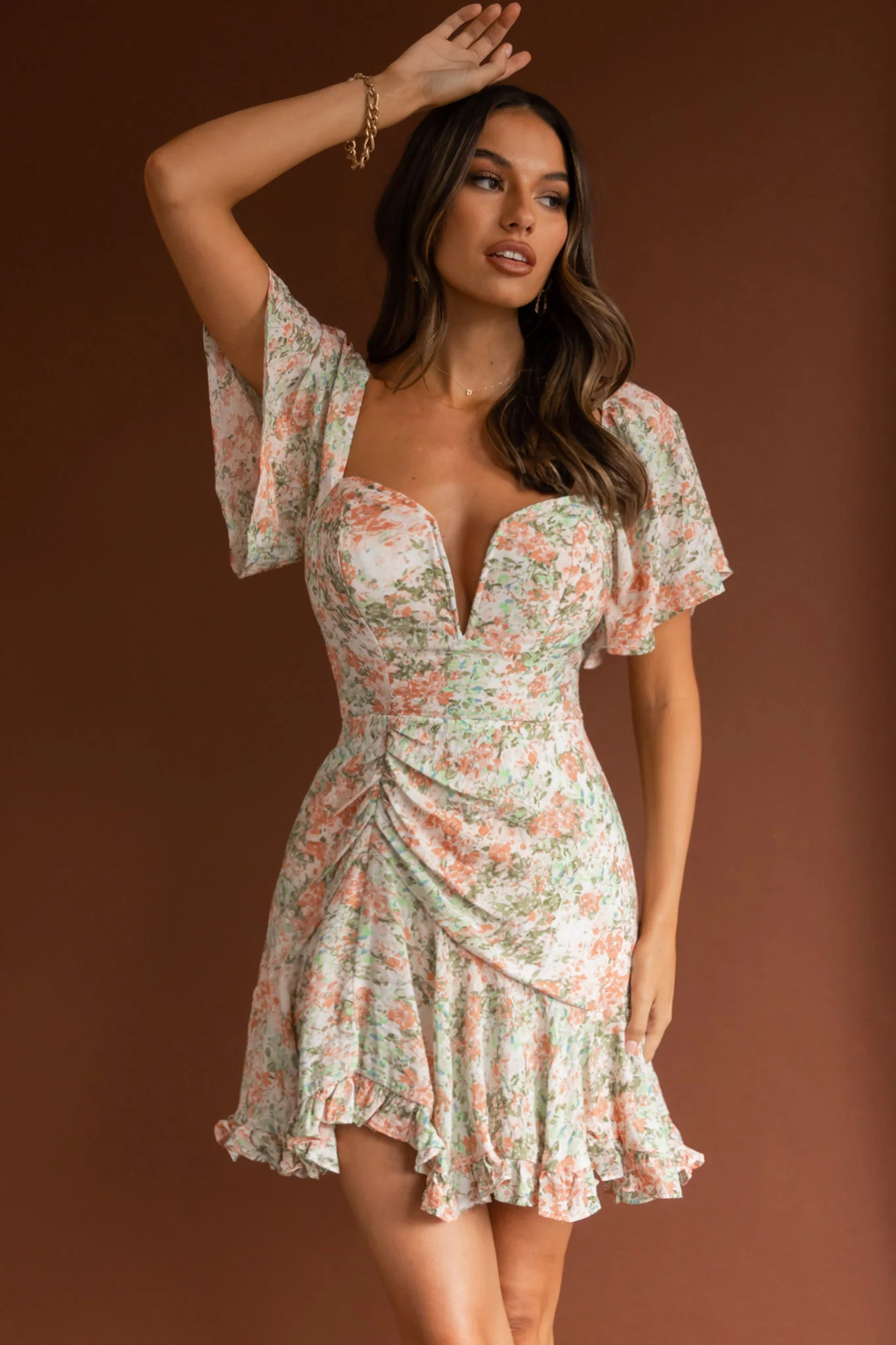 Leona V-Bust Frill Mini Dress Floral Peach