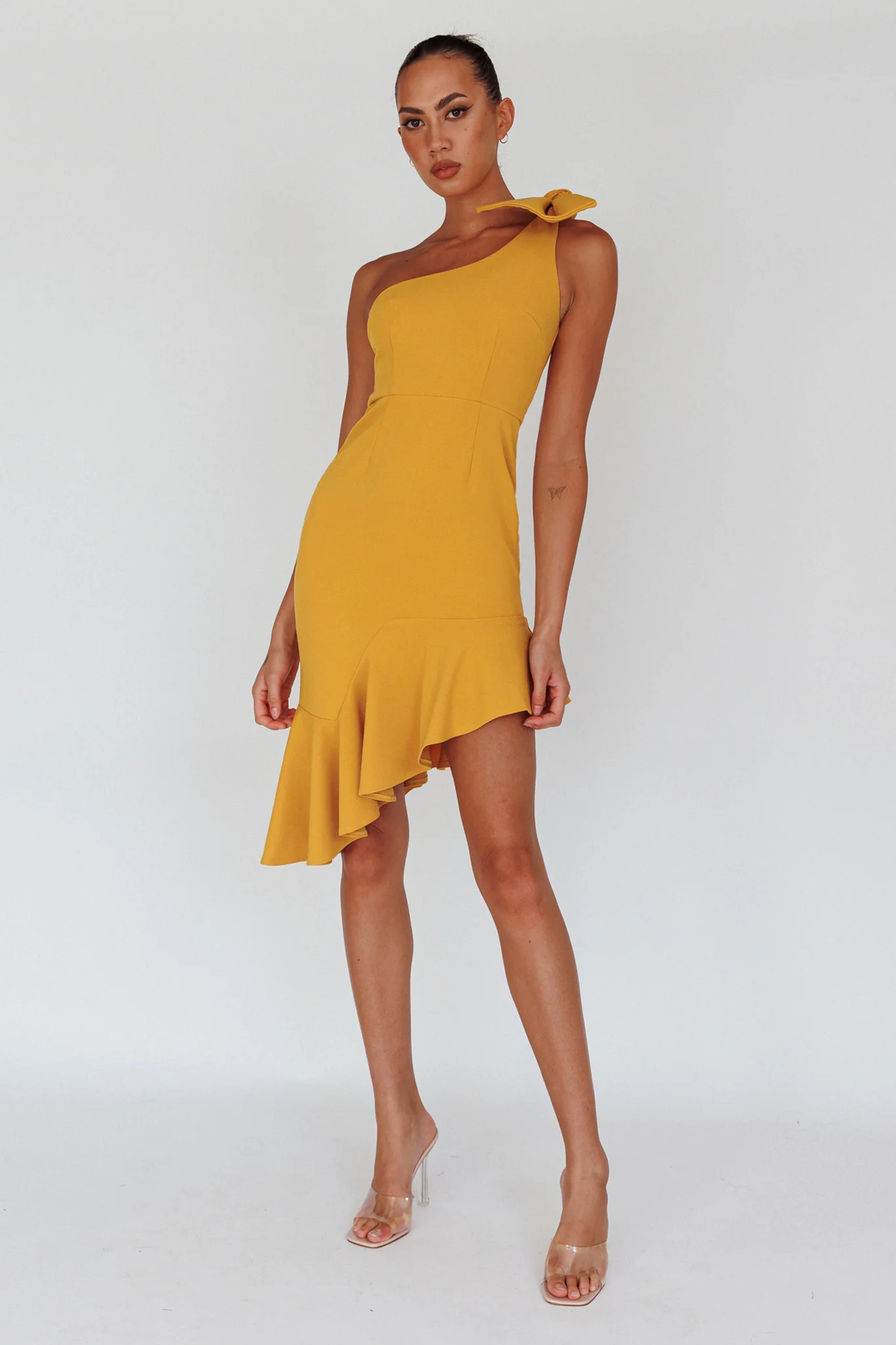 Tiffany One-Shoulder Bow Dress Mustard